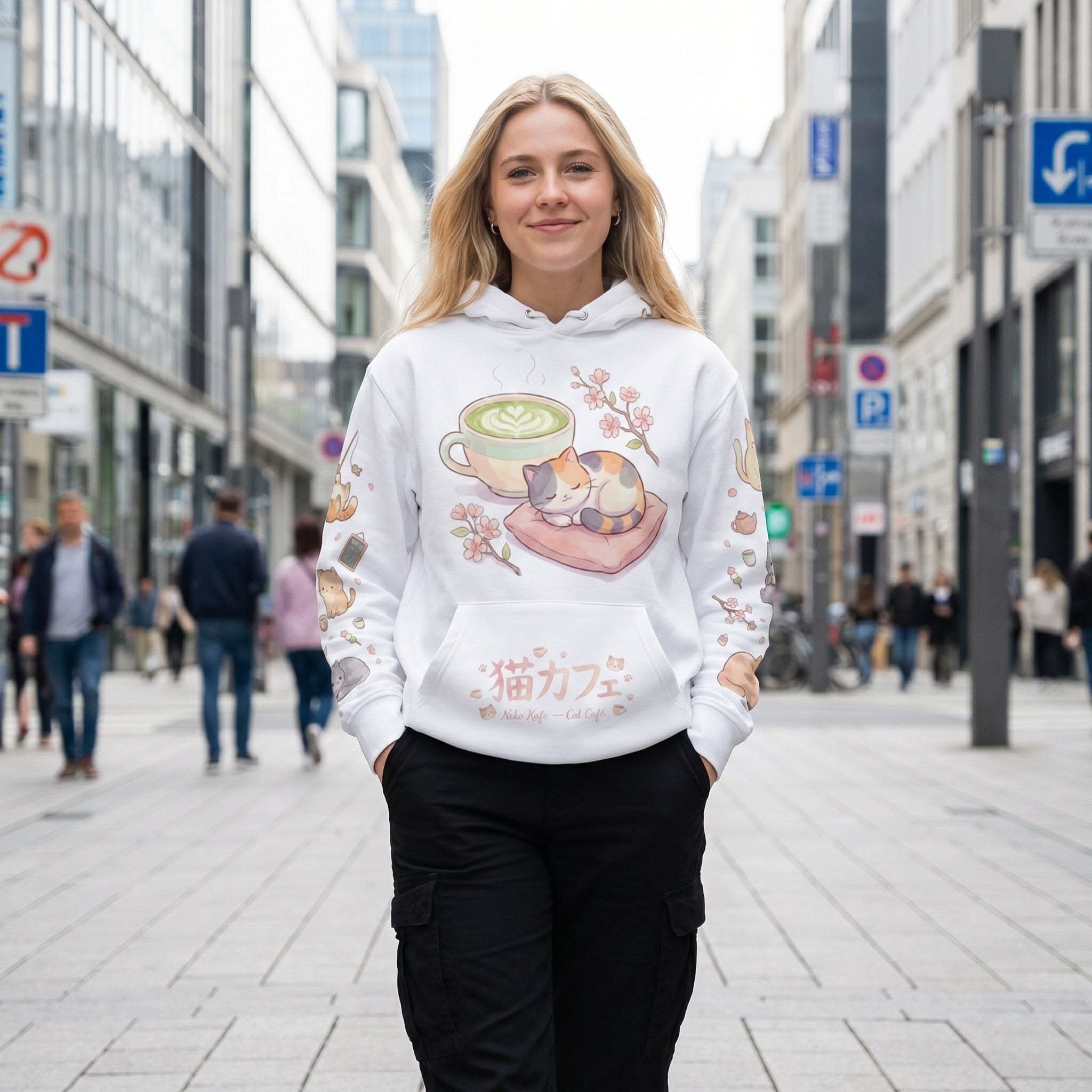 Cat Cafe Hoodie All Over Print, Anime Cat AOP Hoodie Unisex cotton hoodie