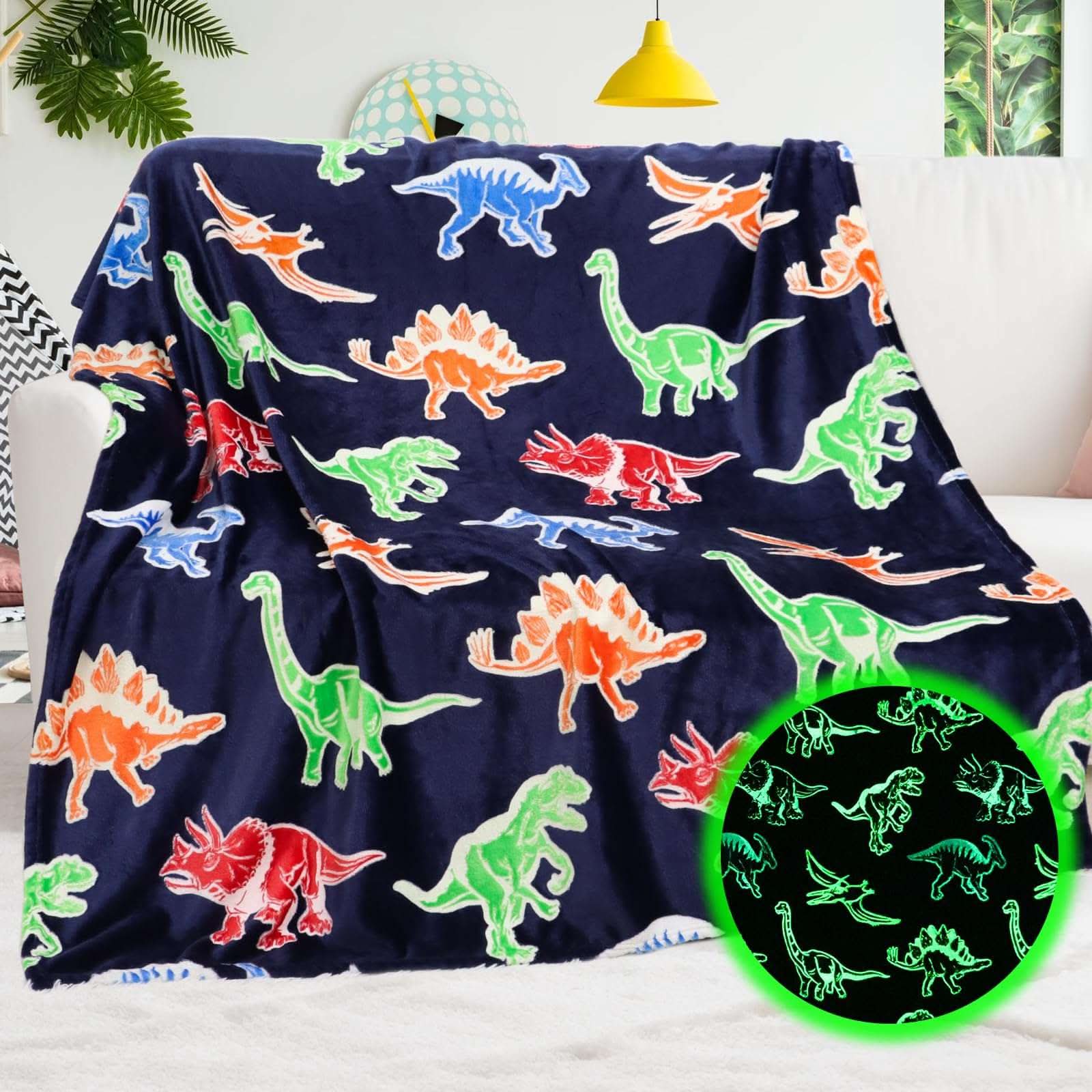 Glowing Dino Night Blanket 40x50 with glow-in-the-dark dinosaur design on soft fleece fabric