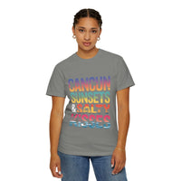 Person wearing a gray t-shirt with colorful text design on a white background
