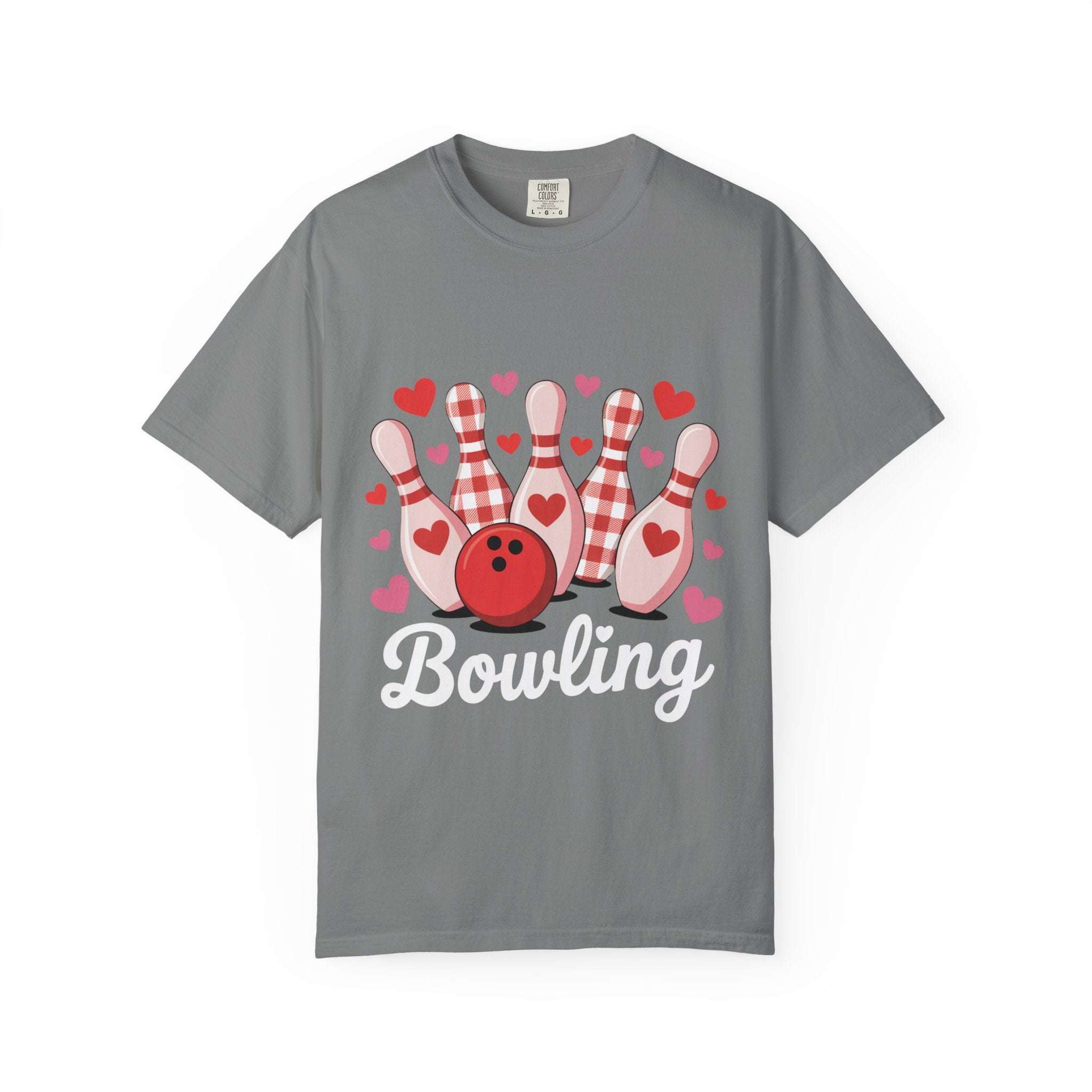 Valentine's Bowling Hearts Tshirt with retro heart and bowling pin design on soft heavyweight cotton