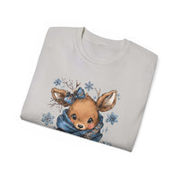 Folded white t-shirt with retro patchwork reindeer design and blue scarf illustration