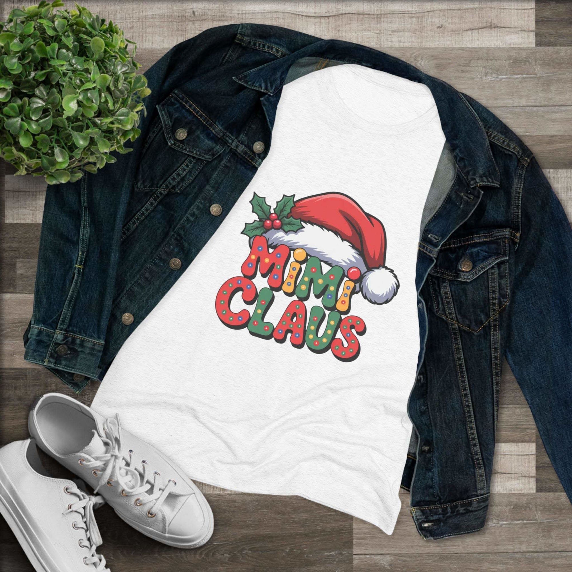 Women T-shirt with festive Mimi Claus design and Santa hat in soft triblend fabric for Christmas holiday