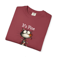 Garment-dyed cotton cat t-shirt with "It’s Fine" text and small cat illustration in relaxed fit