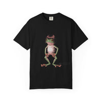 Black t-shirt with frog with bob haircut meme graphic on front