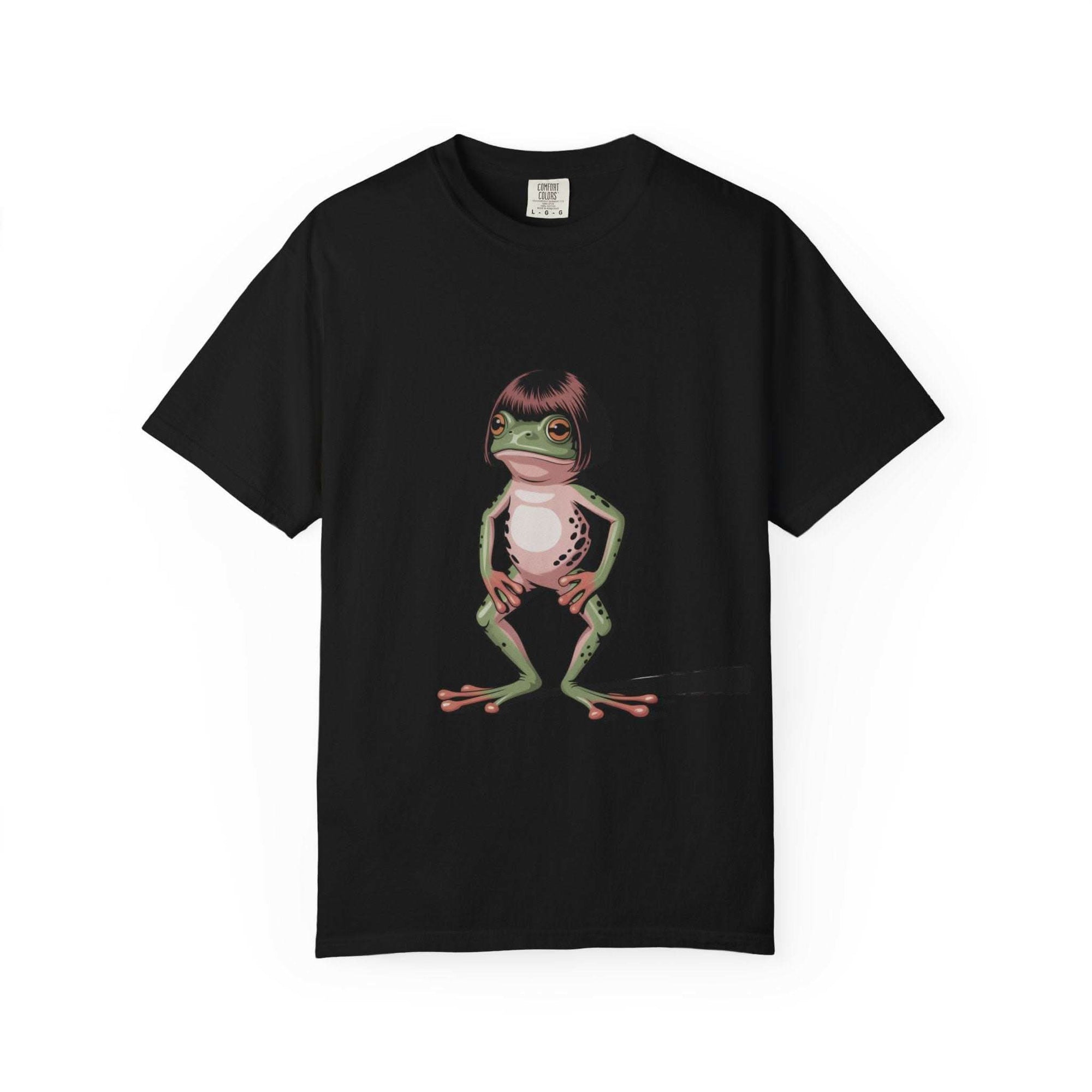 Black t-shirt with frog with bob haircut meme graphic on front