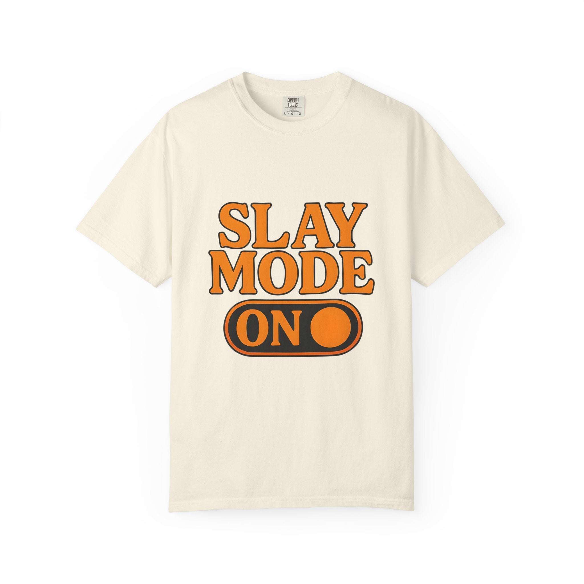Garment-dyed black t-shirt with 'Slay Mode On' graphic, brand Printify, casual fit, size S.