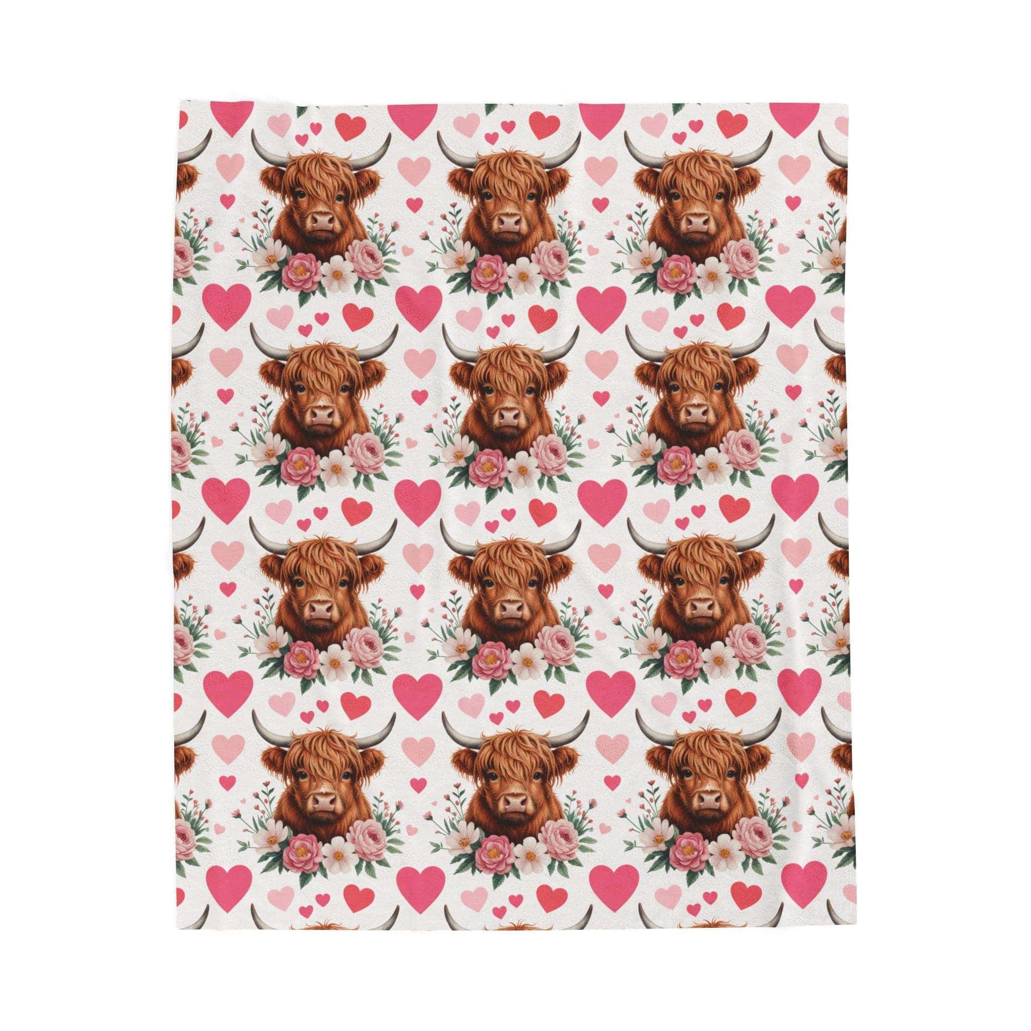 Floral Valentine Highland cow velveteen plush blanket with romantic floral design and soft texture