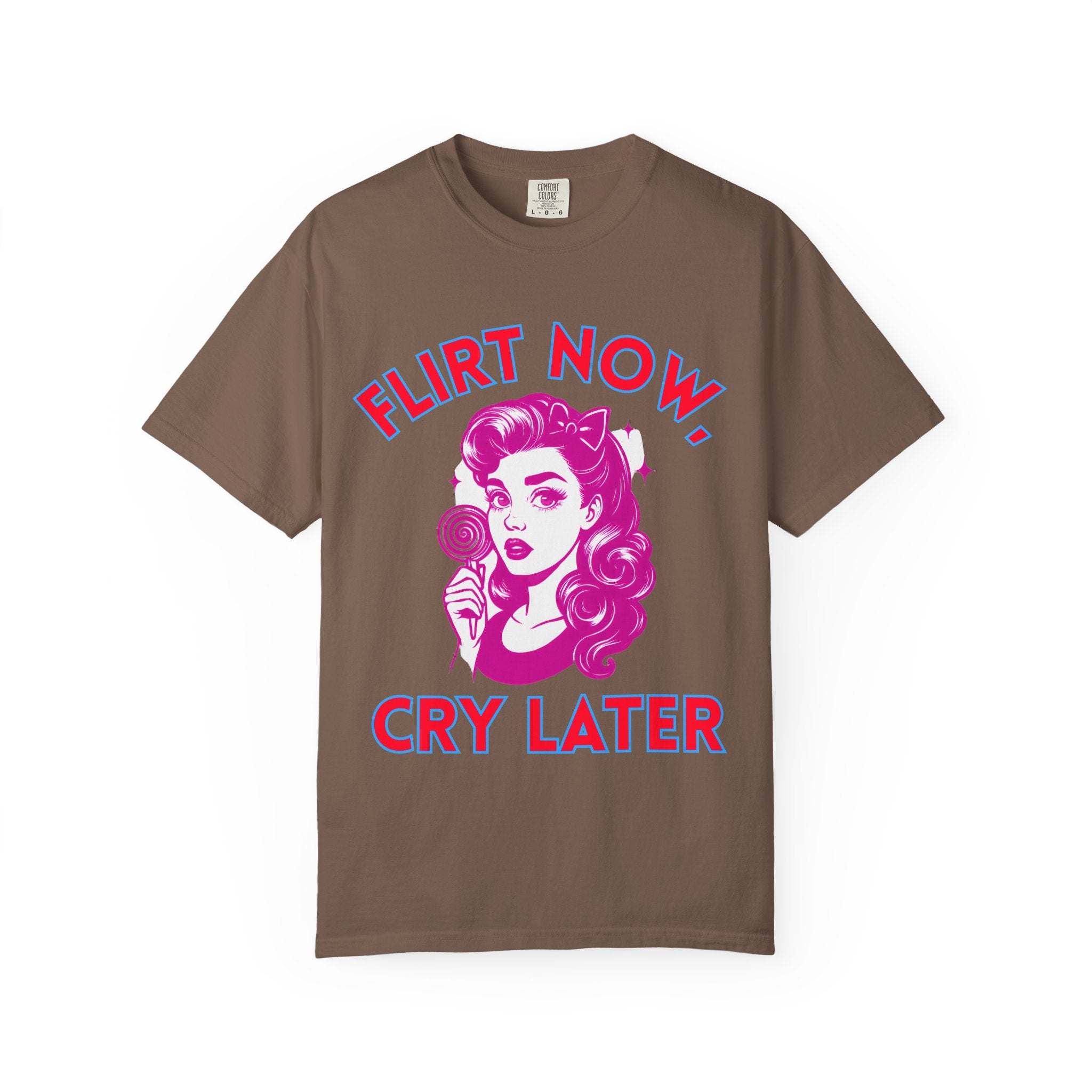 Black garment-dyed t-shirt featuring 'Flirt Now, Cry Later' graphic by Printify