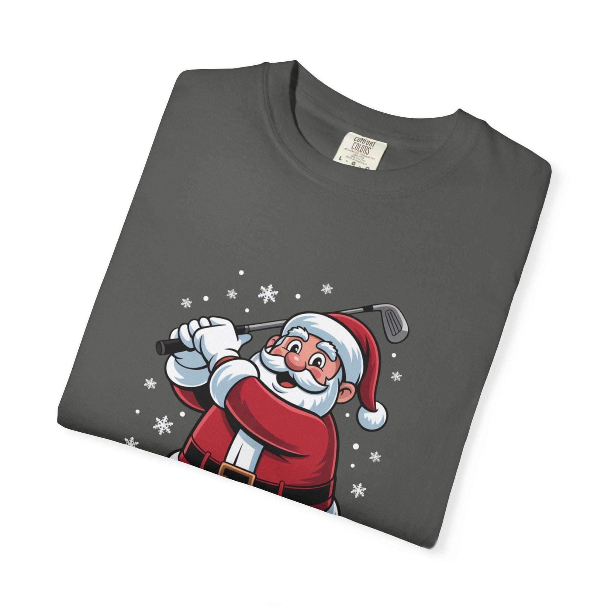 True Navy unisex t-shirt featuring a festive Santa golfing design by Printify