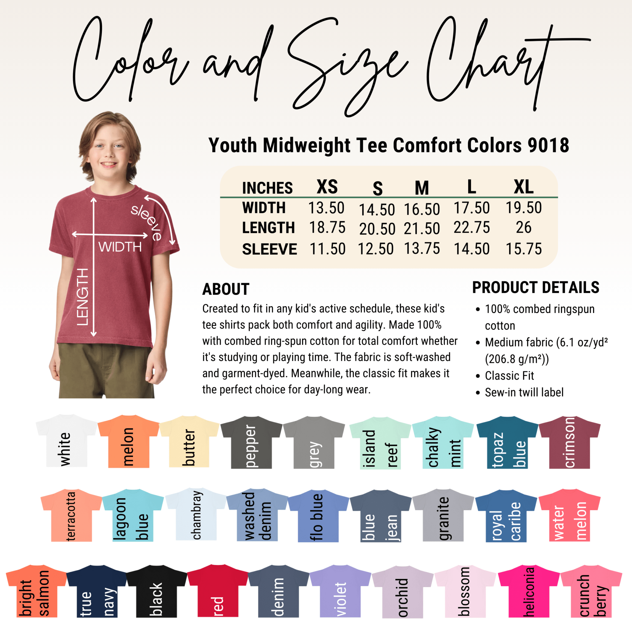 Youth Tee Big Brother Thanksgiving Announcement Shirt in various colors and sizes with size chart and fabric details
