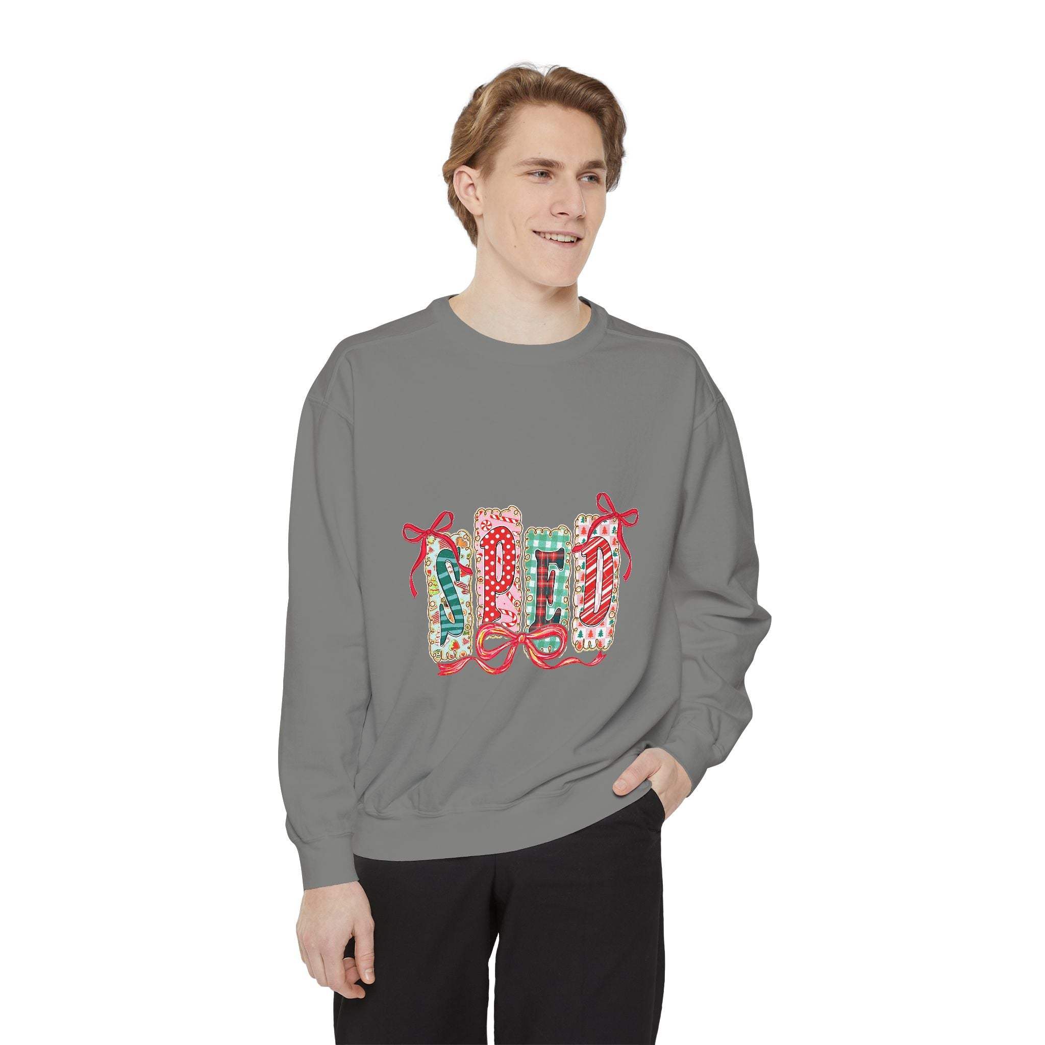 Pepper garment-dyed sweatshirt for preppy SPED teachers, featuring a festive Christmas design by Printify