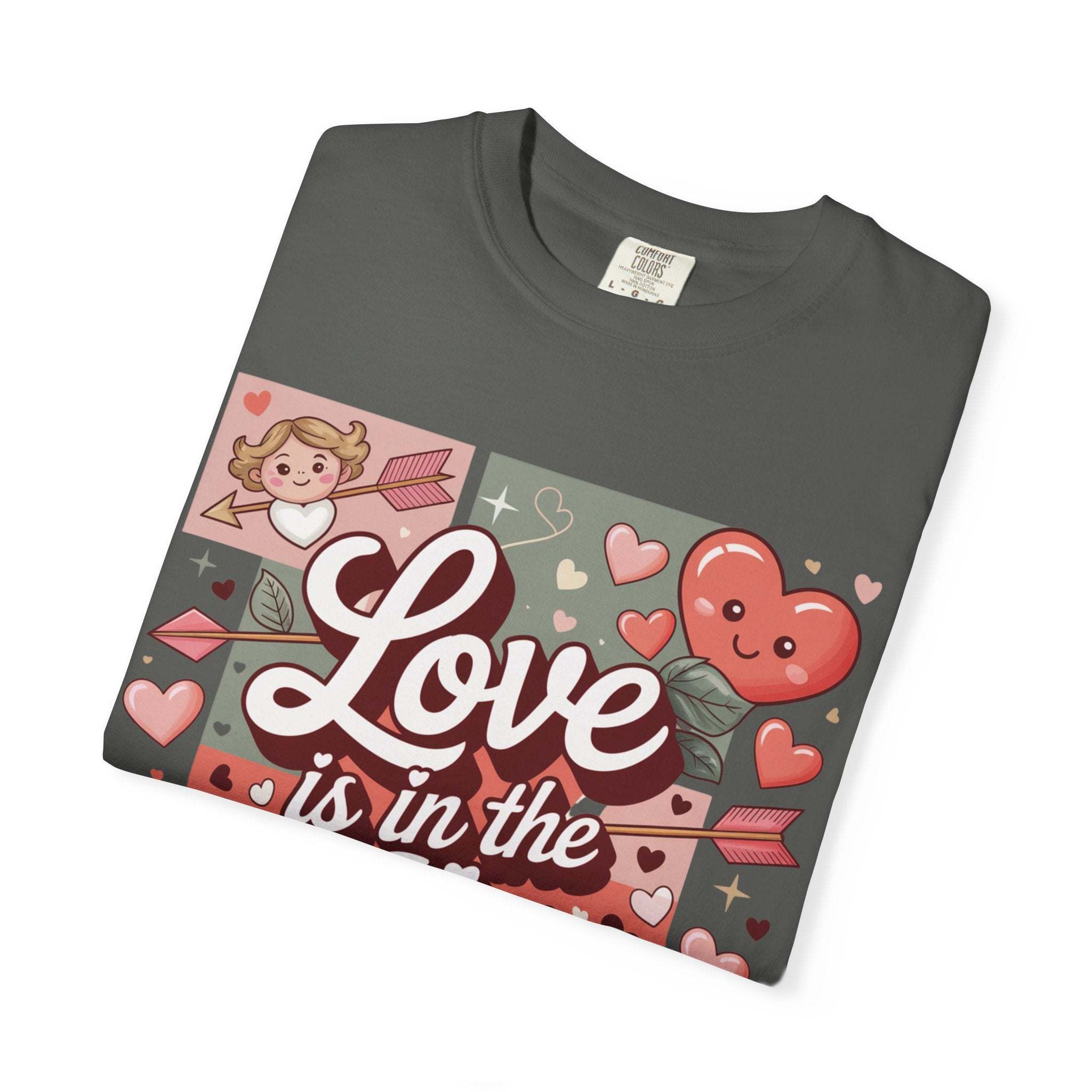 Valentine's T-shirt with hearts and "Love Is in the Air" design in soft vintage style