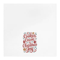 Christmas Tea Towel with festive cookies, cocoa, and Christmas joy design on white cotton fabric