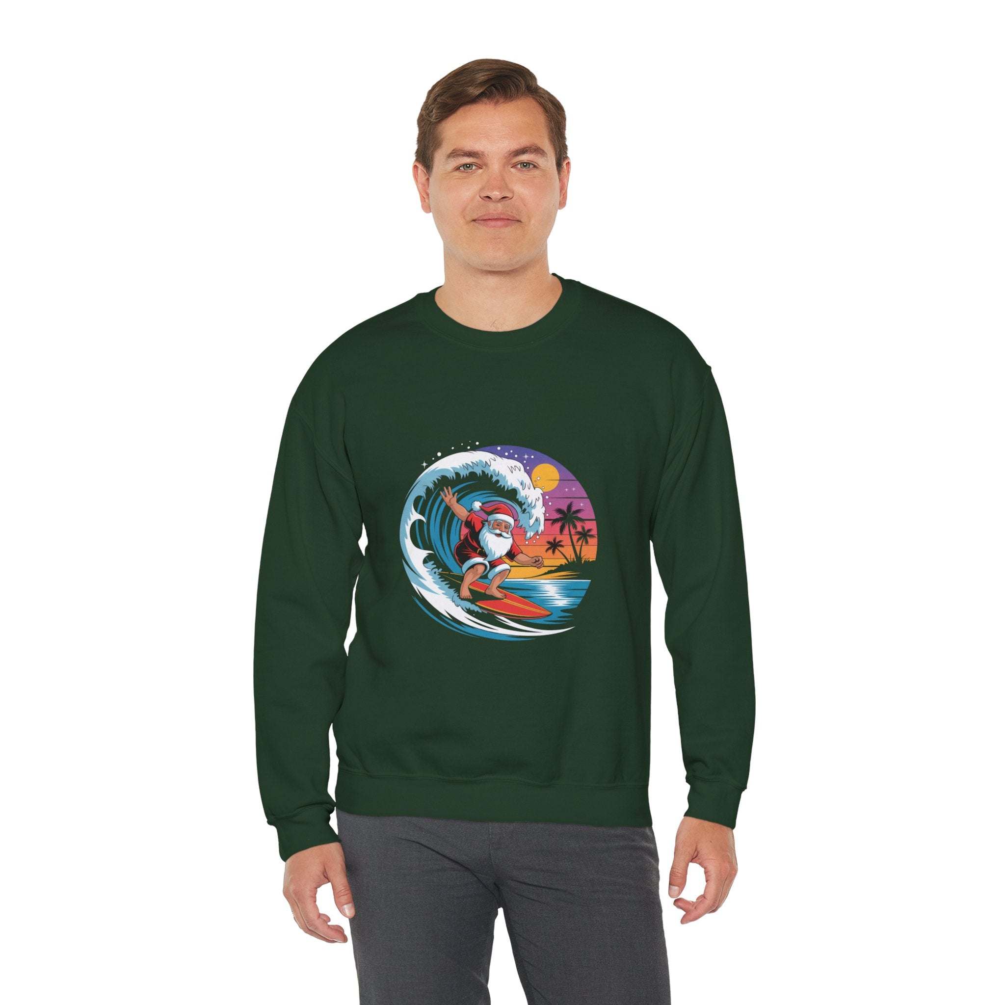 Navy Santa sweatshirt featuring a surfing design, perfect for holiday beachwear by Printify.
