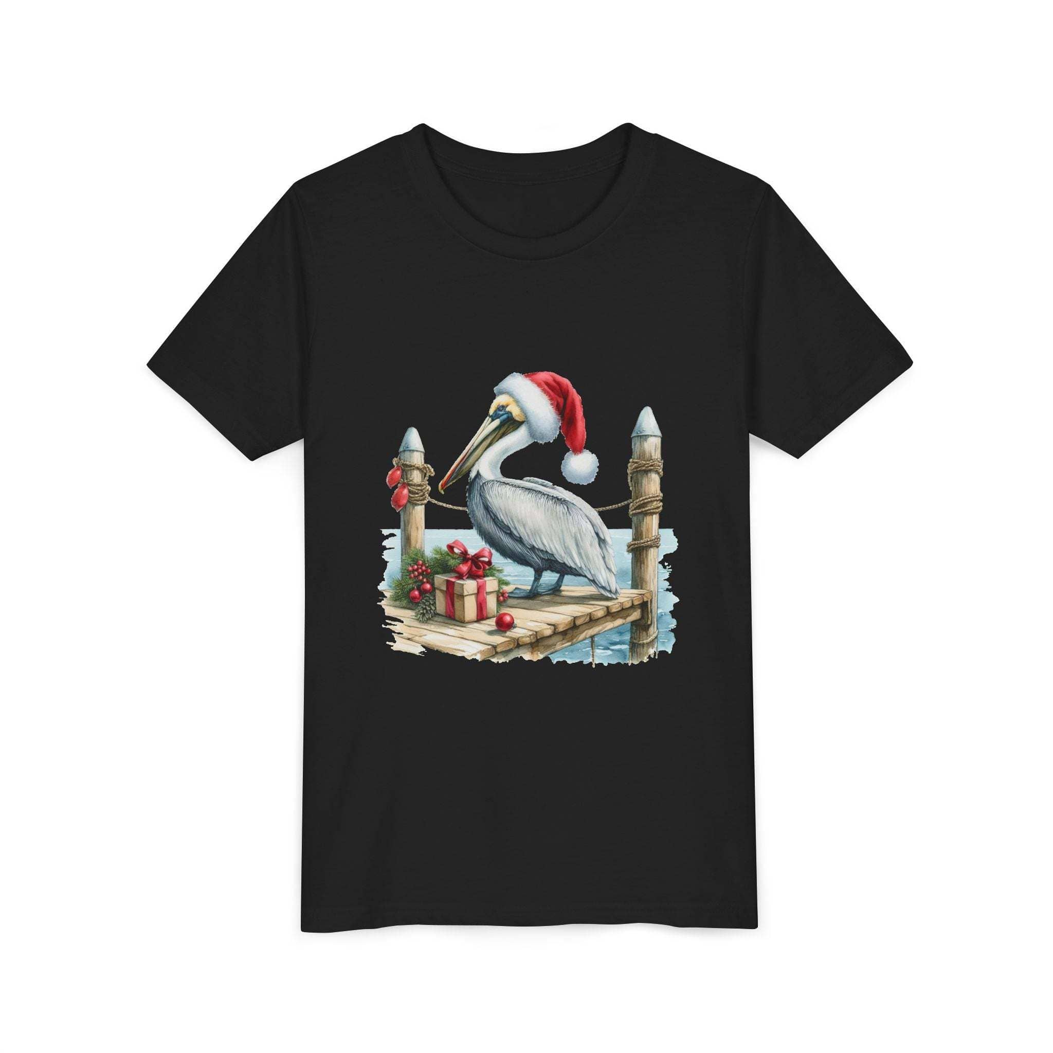 Black t-shirt with a Christmas pelican design on a white background
