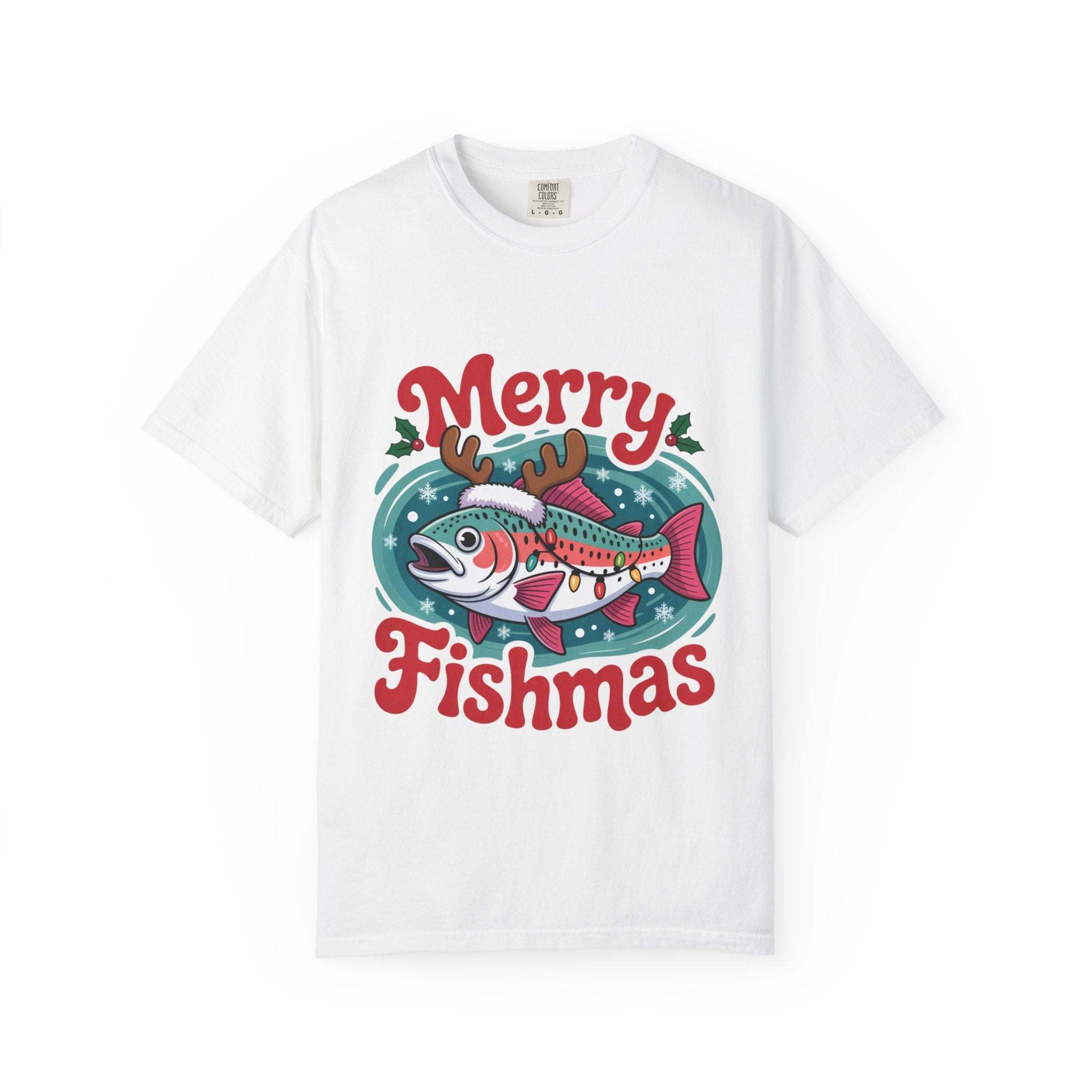 True Navy garment-dyed t-shirt featuring Merry Fishmas design for fishing enthusiasts by Printify