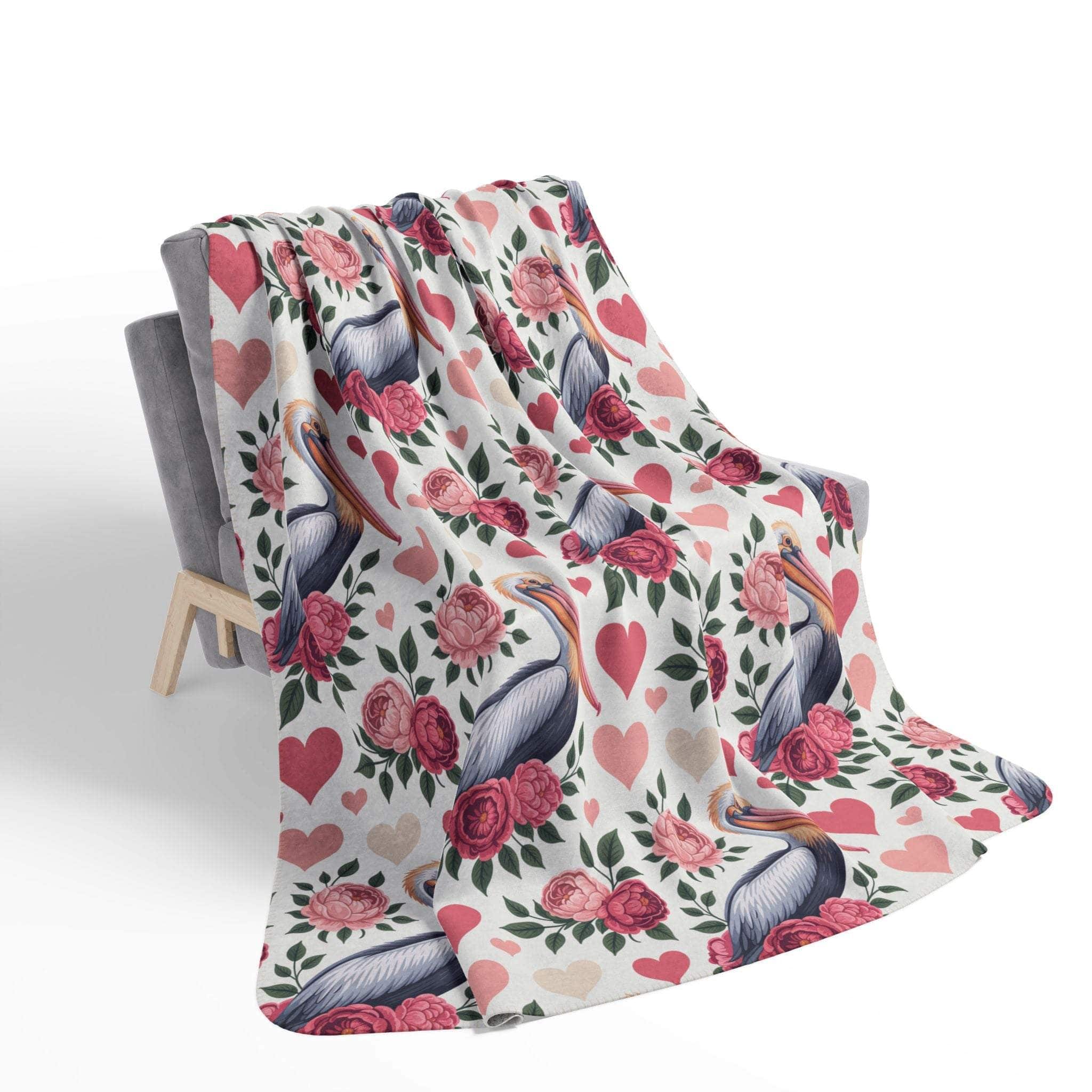 Floral pelican fleece Sherpa blanket with vibrant coastal bird and flower design for cozy warmth