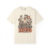 Ivory Comfort Colors 1717 Halloween mahjong T-shirt with a ghost holding a tile and “The Discard Pile Is Haunted (Obviously)” lettering.