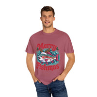 True Navy garment-dyed t-shirt featuring Merry Fishmas design for fishermen, by Printify