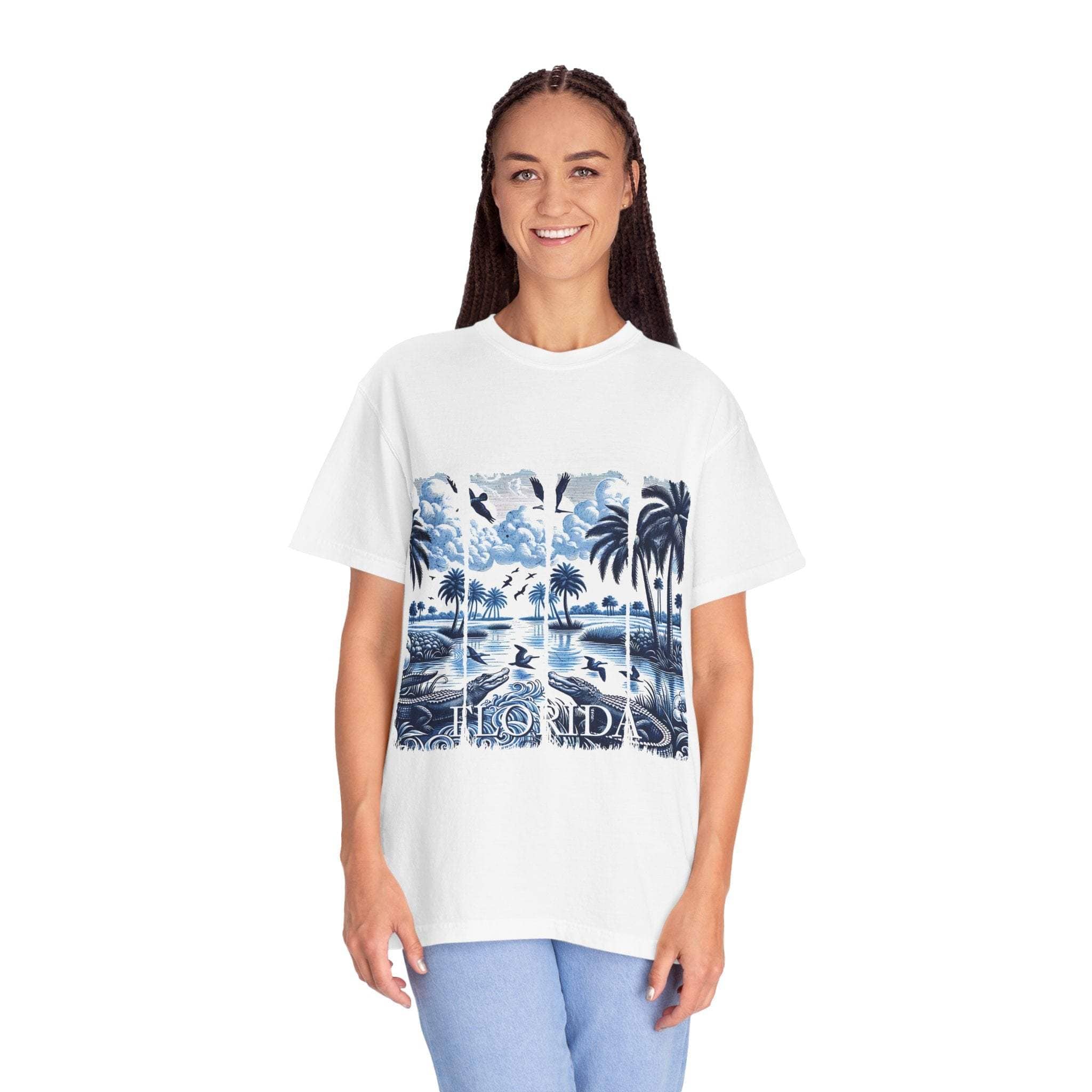 Blue Chinoise Brushstroke T-Shirt with soft blue chinoiserie brushwork on garment-dyed cotton