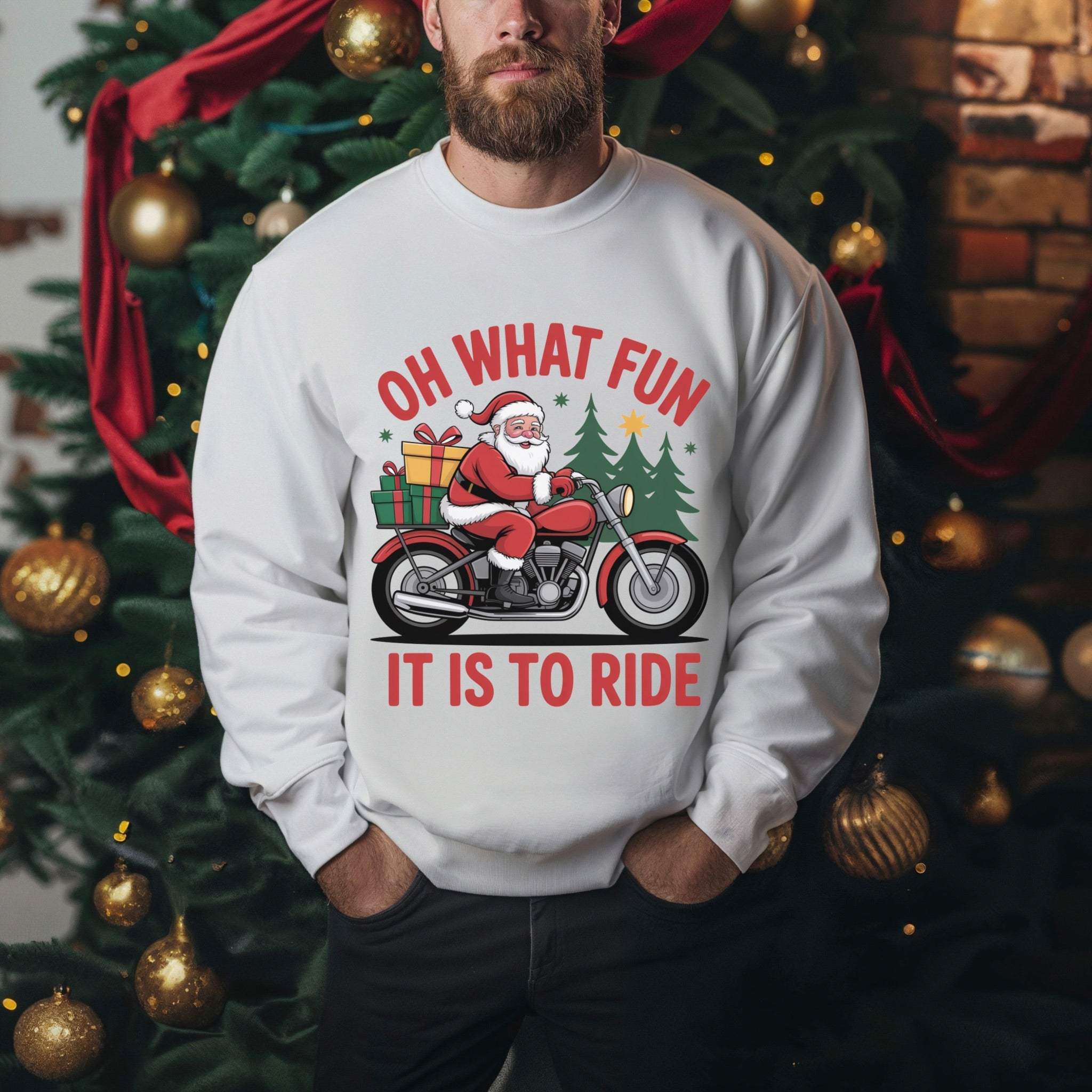 Black motorcycle Santa sweatshirt, cozy crewneck style, perfect for Christmas wear by Printify