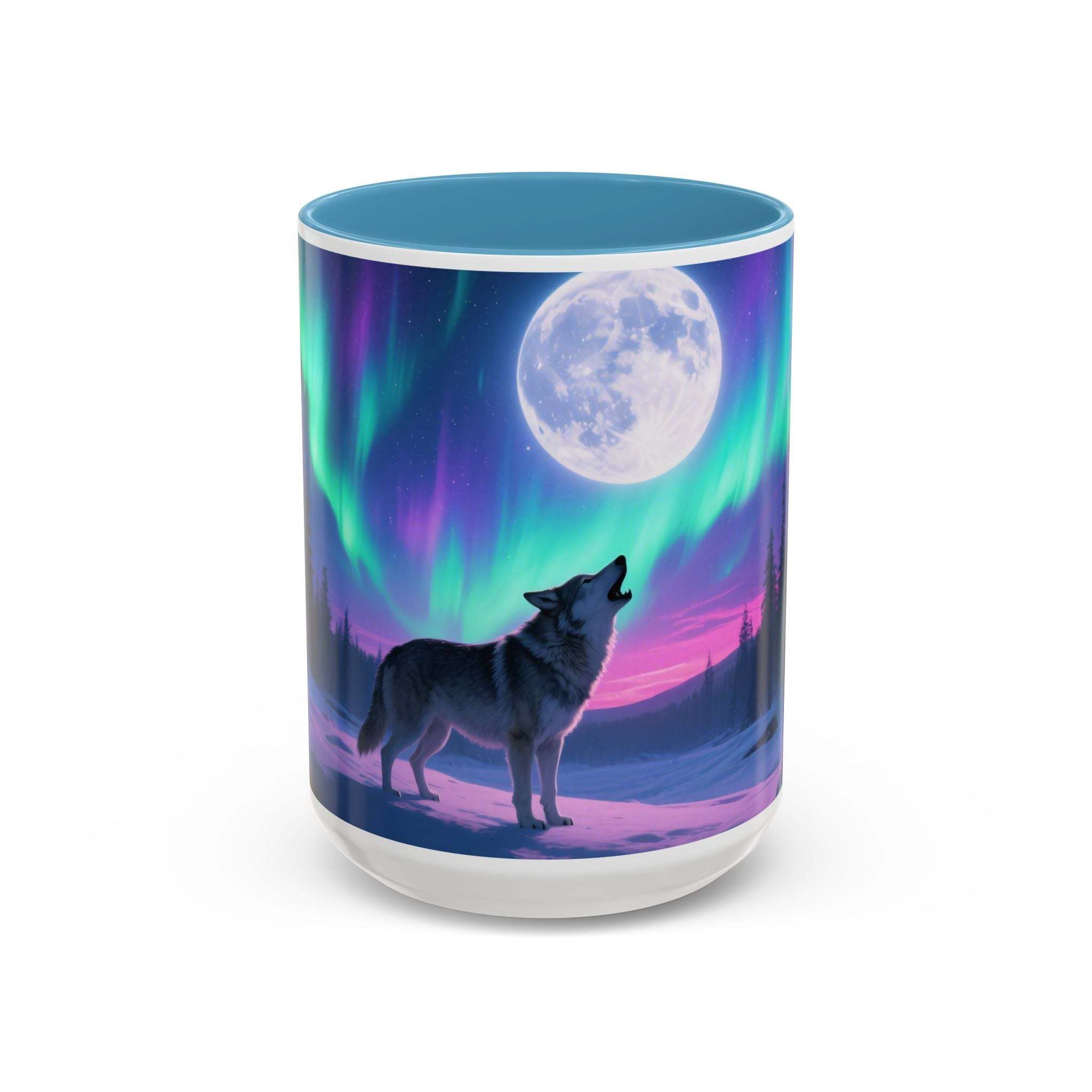 Tumbler with a wolf and Northern Lights design on a white background