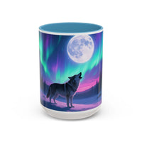 Tumbler with a wolf and Northern Lights design on a white background