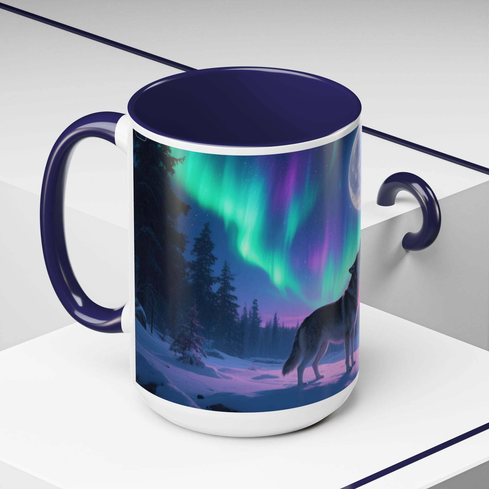 Ceramic mug with howling wolf silhouette and aurora borealis design, navy interior and handle, 11oz size, microwave and dishwasher safe