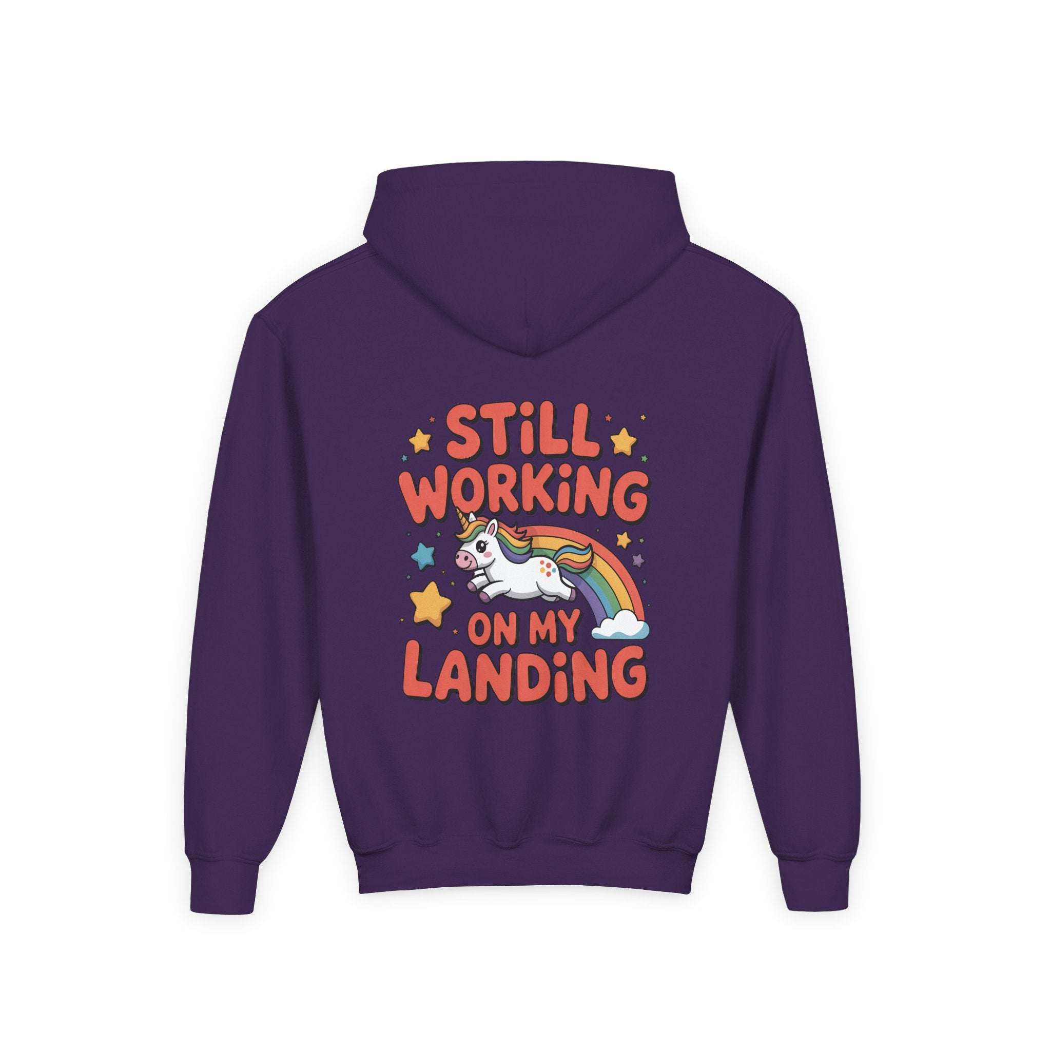 Still Working On My Landing Hoodie | Kids Unicorn Rainbow Design
