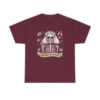 Bride Skull Illustration Tee with smiling skeleton bride, roses, champagne flutes, and "Good brides say bad words" banner on white cotton shirt