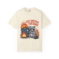 True Navy t-shirt featuring a raccoon dumpster fire graphic, casual style from Printify