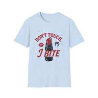 Light blue unisex t-shirt with 'Don’t Touch I Bite' text in bold, edgy bratcore style from Printify