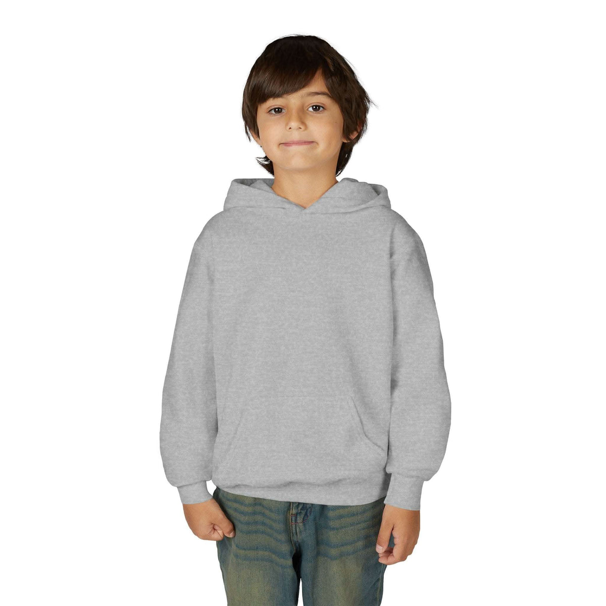 Child wearing gray Patchwork Wild Word Hoodie with kangaroo pocket and youth fit