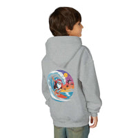 Child wearing navy Surfing Santa Hoodie with Santa surfing on wave graphic on back