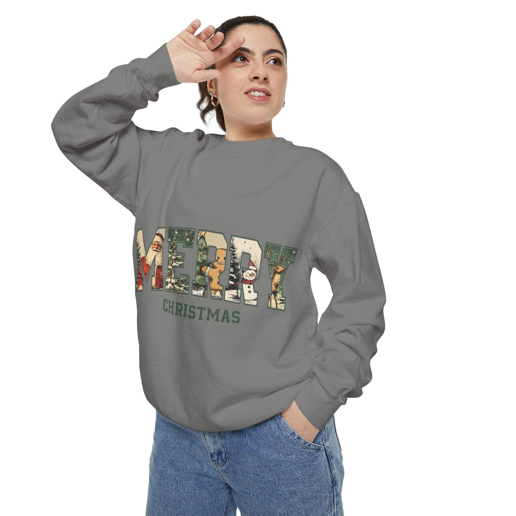 vintage varsity merry christmas sweatshirt cozy unisex garment dyed soft fabric holiday style