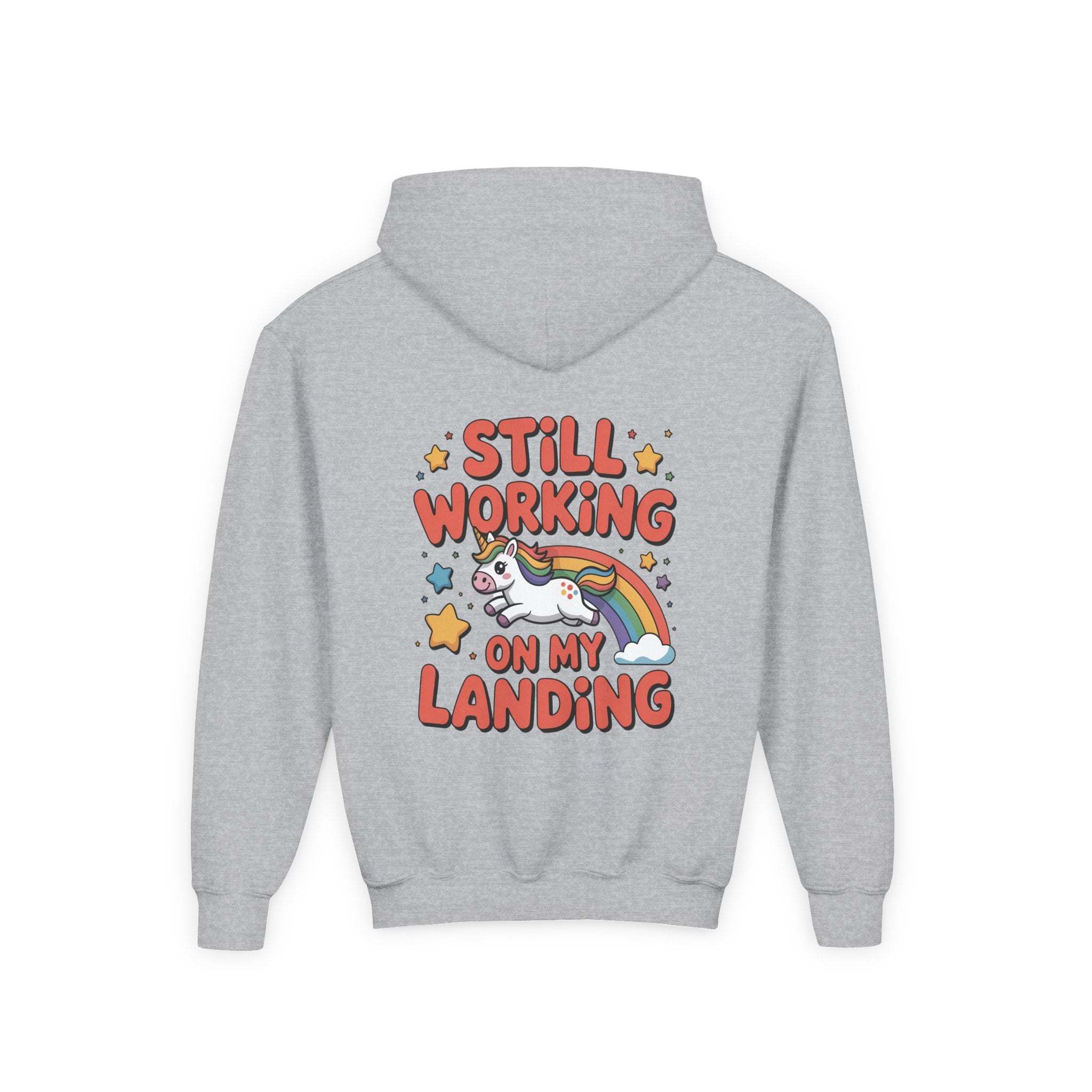 Still Working On My Landing Hoodie | Kids Unicorn Rainbow Design
