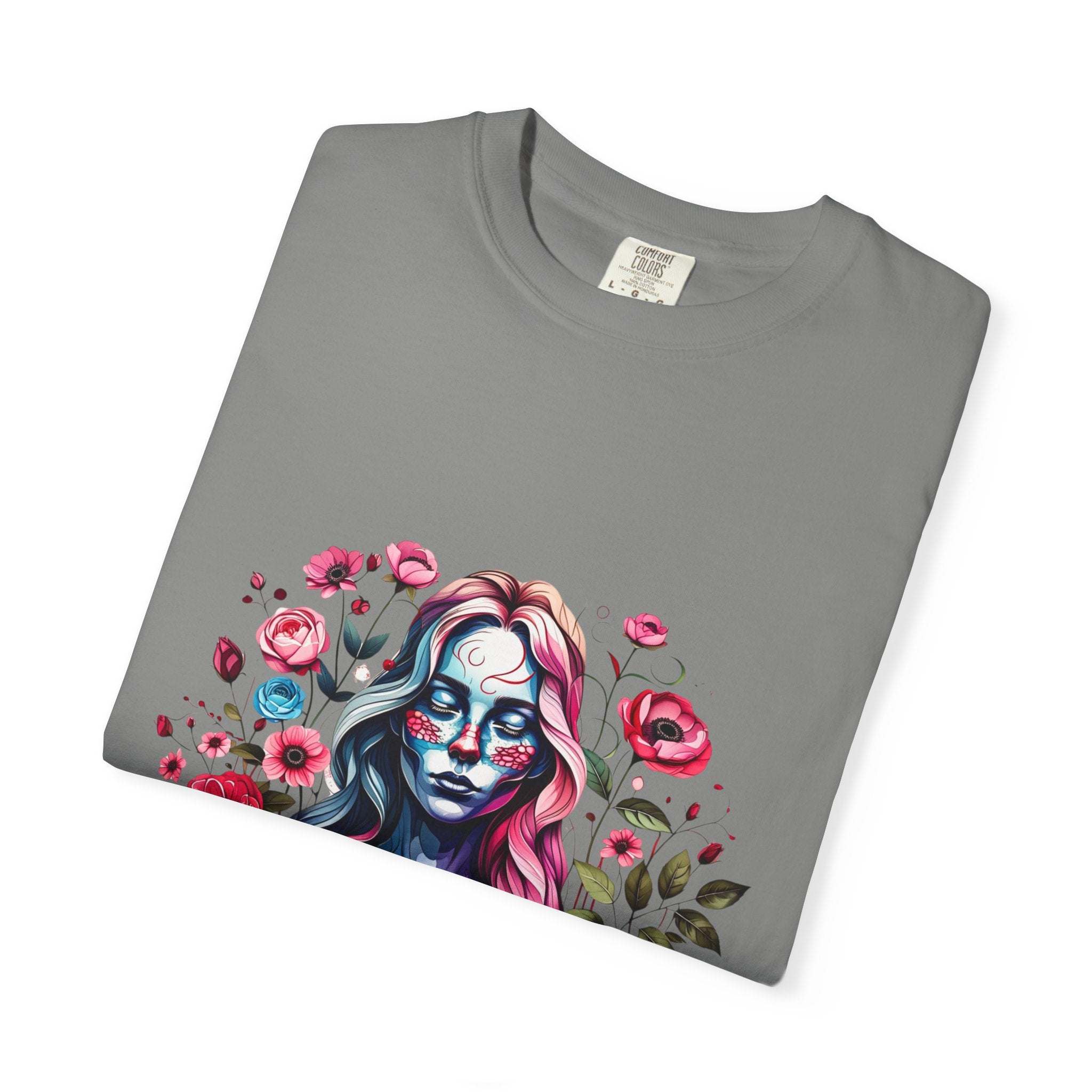 Gray soft cotton Floral Skeleton T-shirt with colorful spooky floral lady skeleton print and relaxed fit