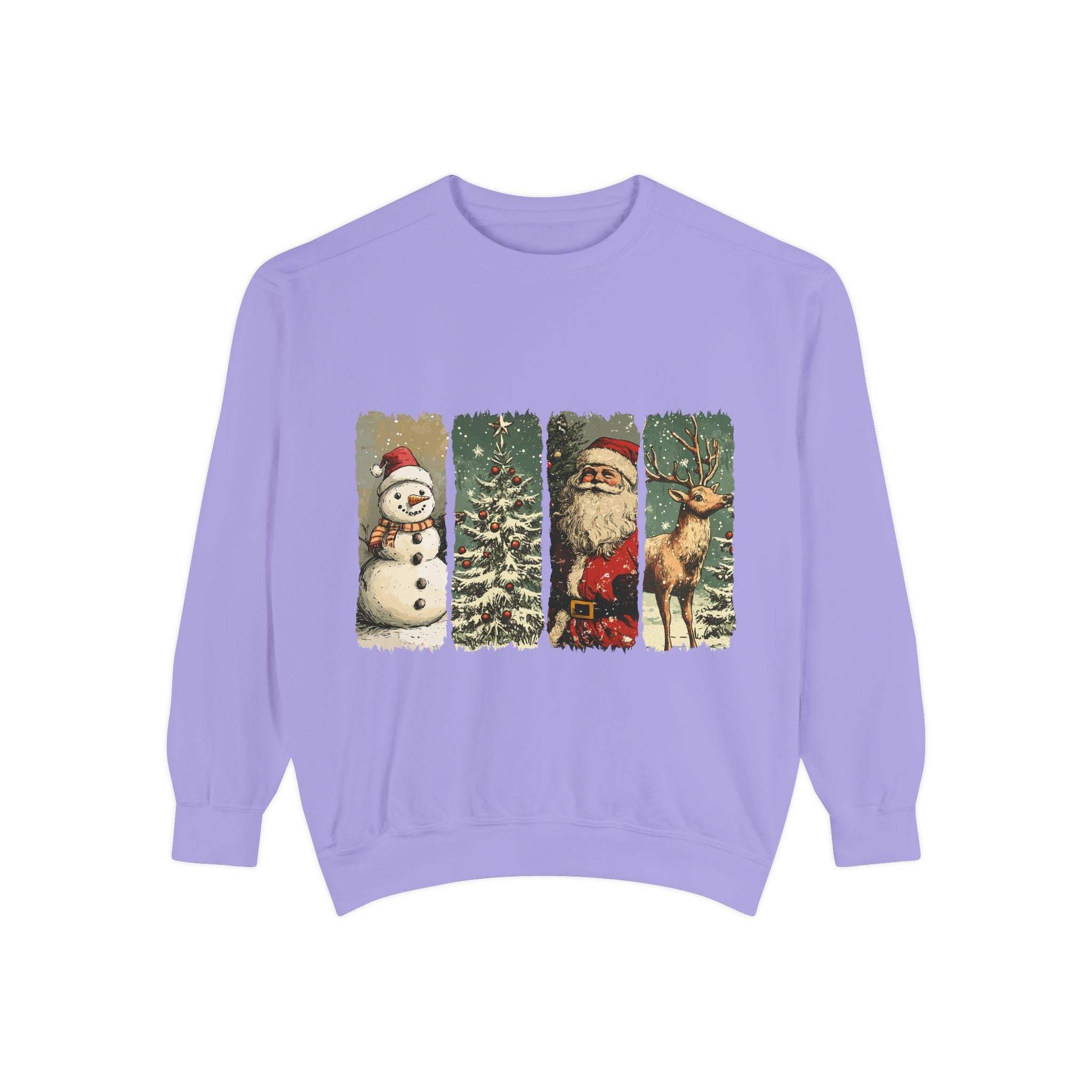 Vintage Christmas sweatshirt with watercolor swatches featuring snowman, Christmas tree, Santa, and reindeer on lavender fabric.