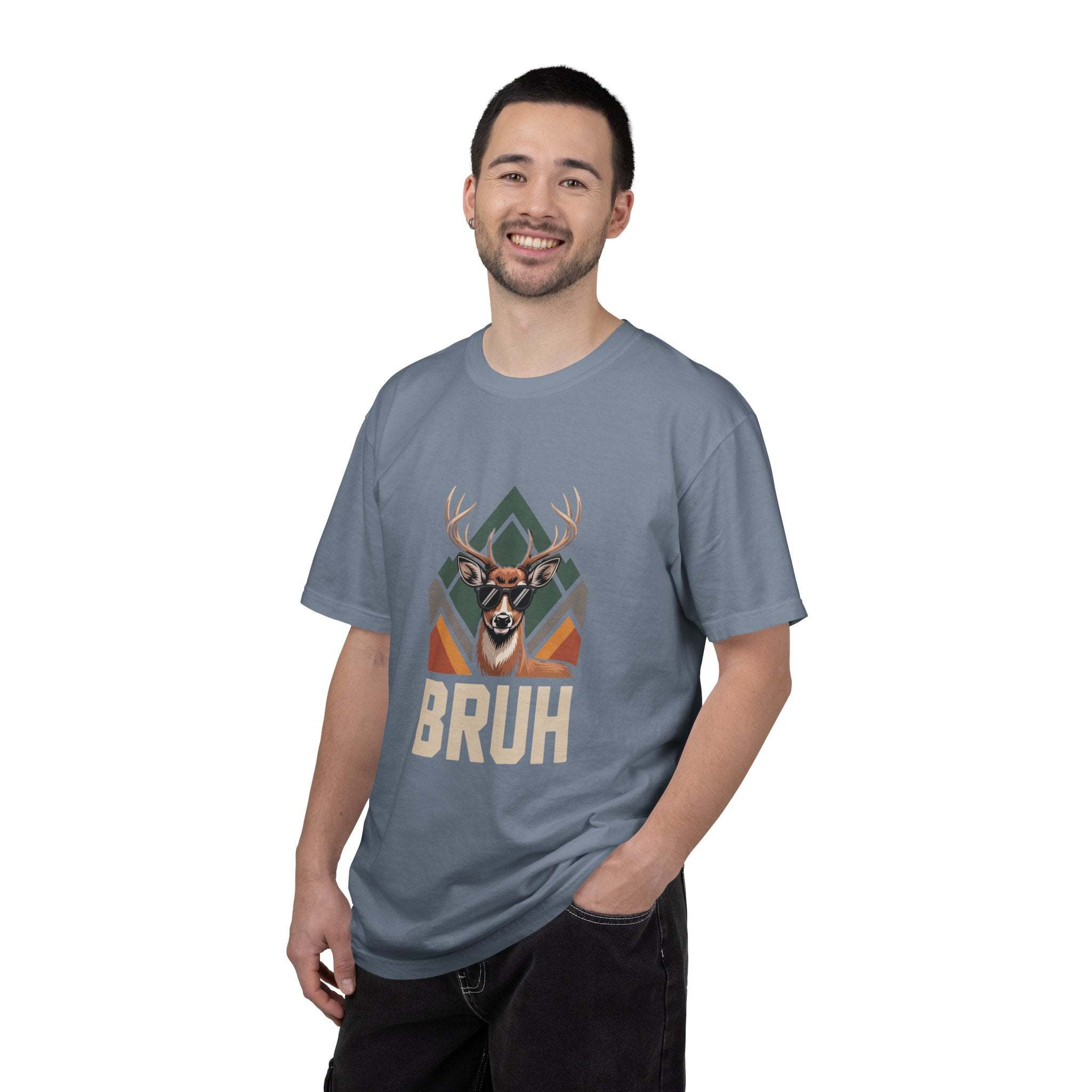 Bruh Deer T-Shirt with funny deer graphic on soft, heavyweight fabric designed for outdoor comfort and casual wear