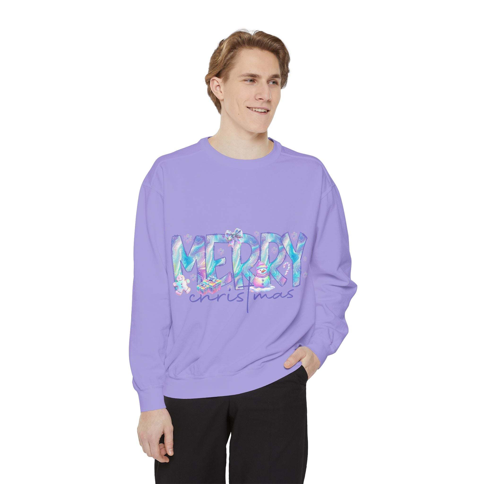 Man wearing lavender sweatshirt with iridescent Merry Christmas design in festive style