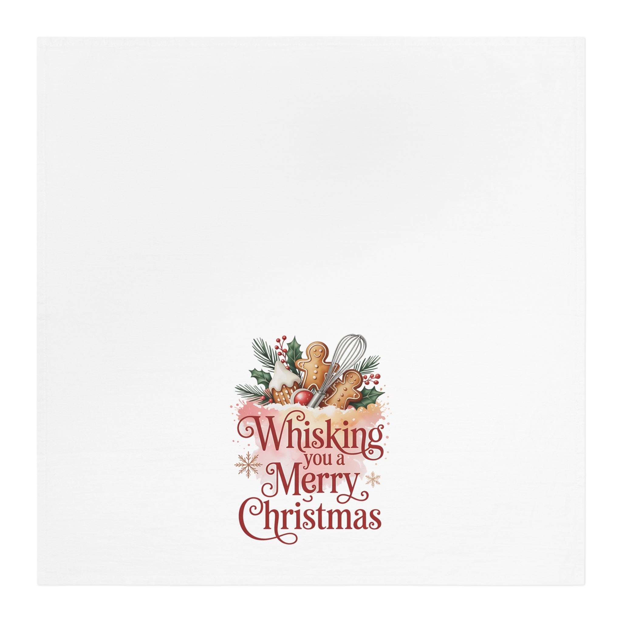 Christmas tea towel with festive "Whisking you a Merry Christmas" design on white cotton fabric
