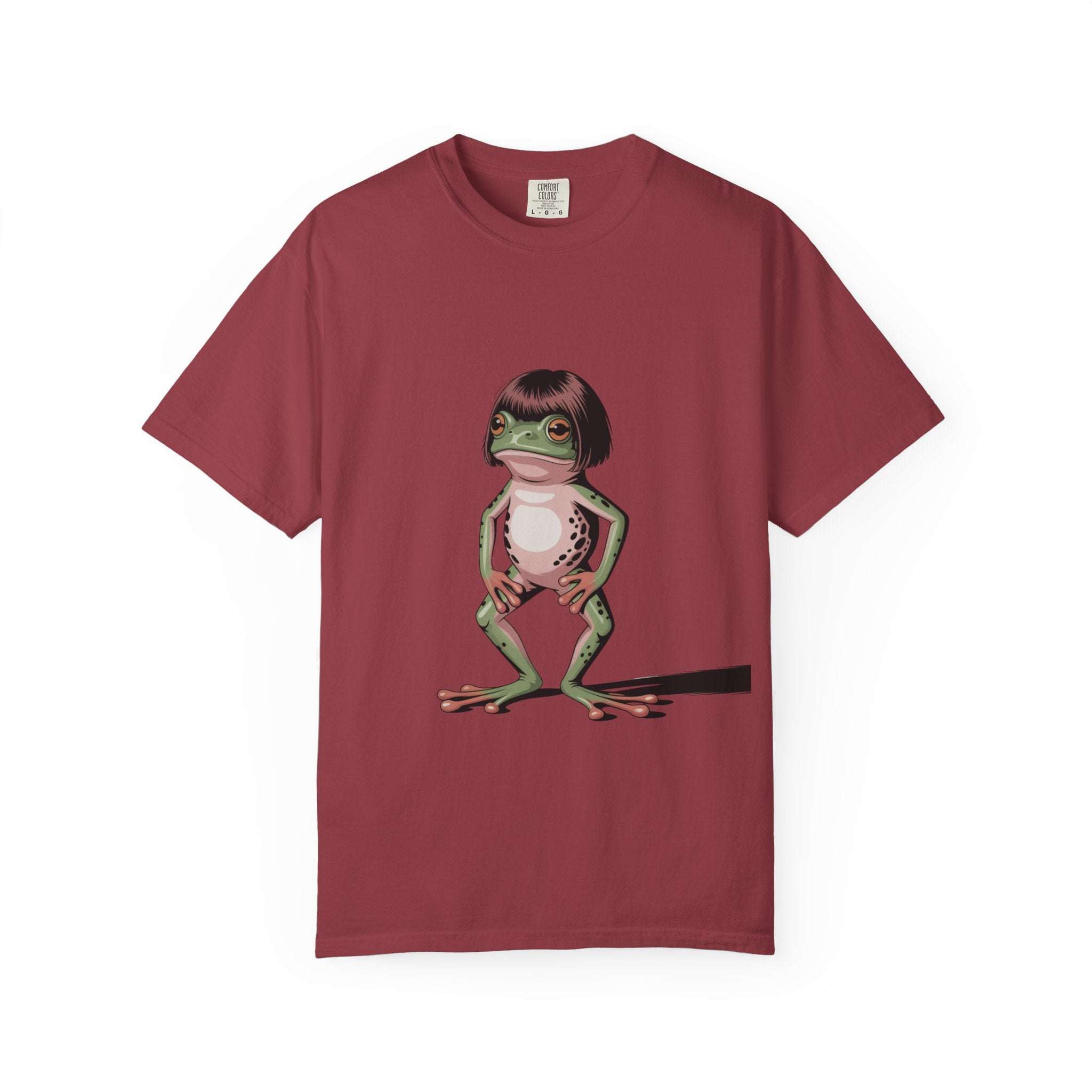 Maroon t-shirt featuring a quirky frog with a bob haircut meme illustration