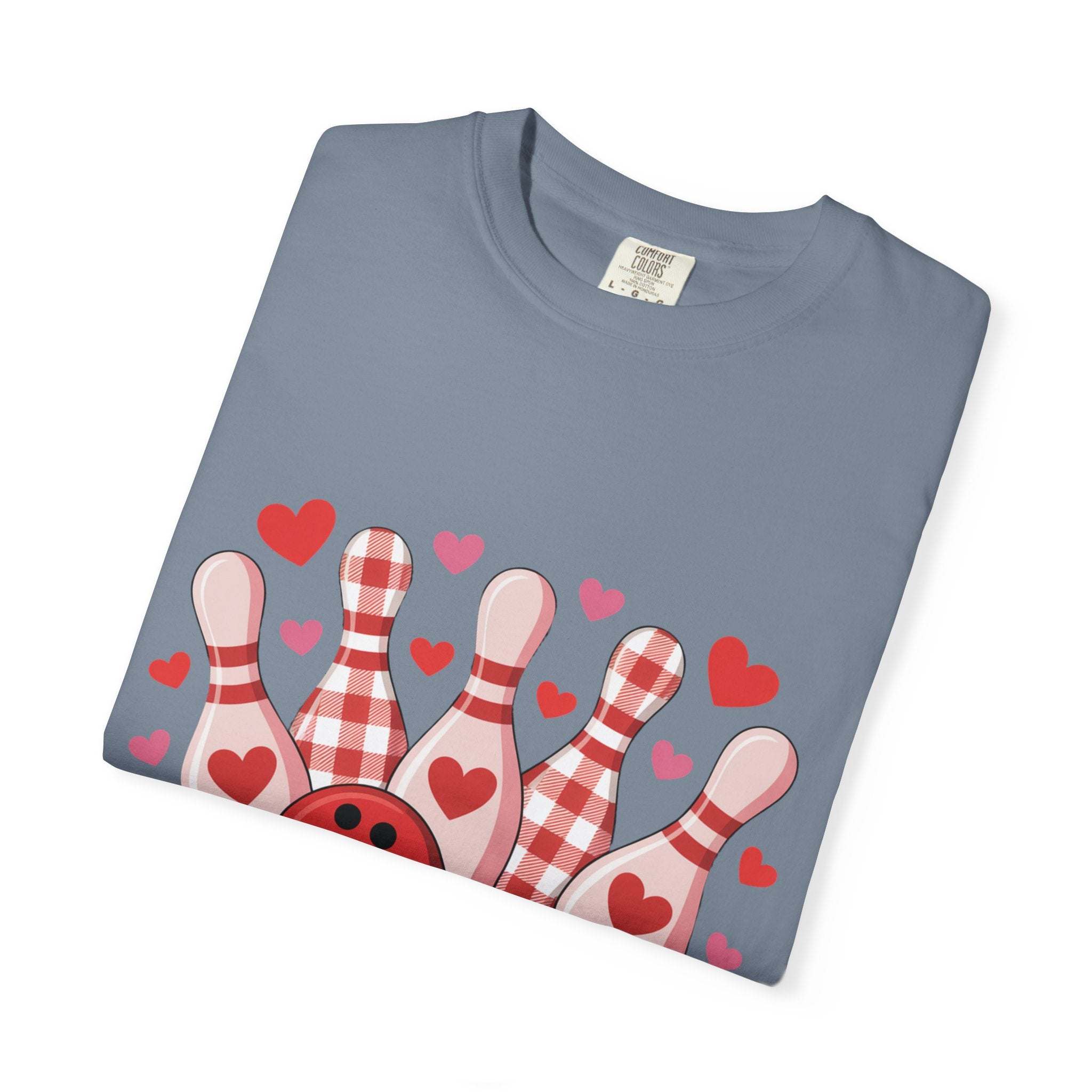 Valentine's Bowling Hearts Tshirt with retro heart and bowling pin design on soft cotton fabric