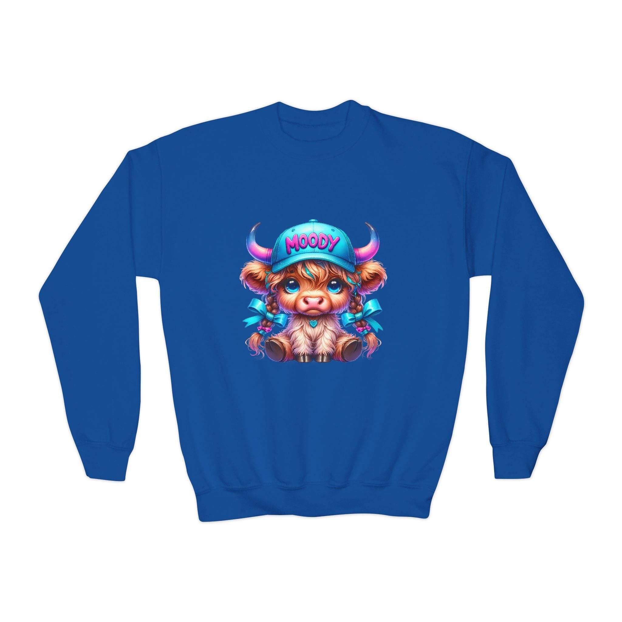 Moody Girl Highland Cow youth sweatshirt with blue fabric and cute embroidered highland cow design