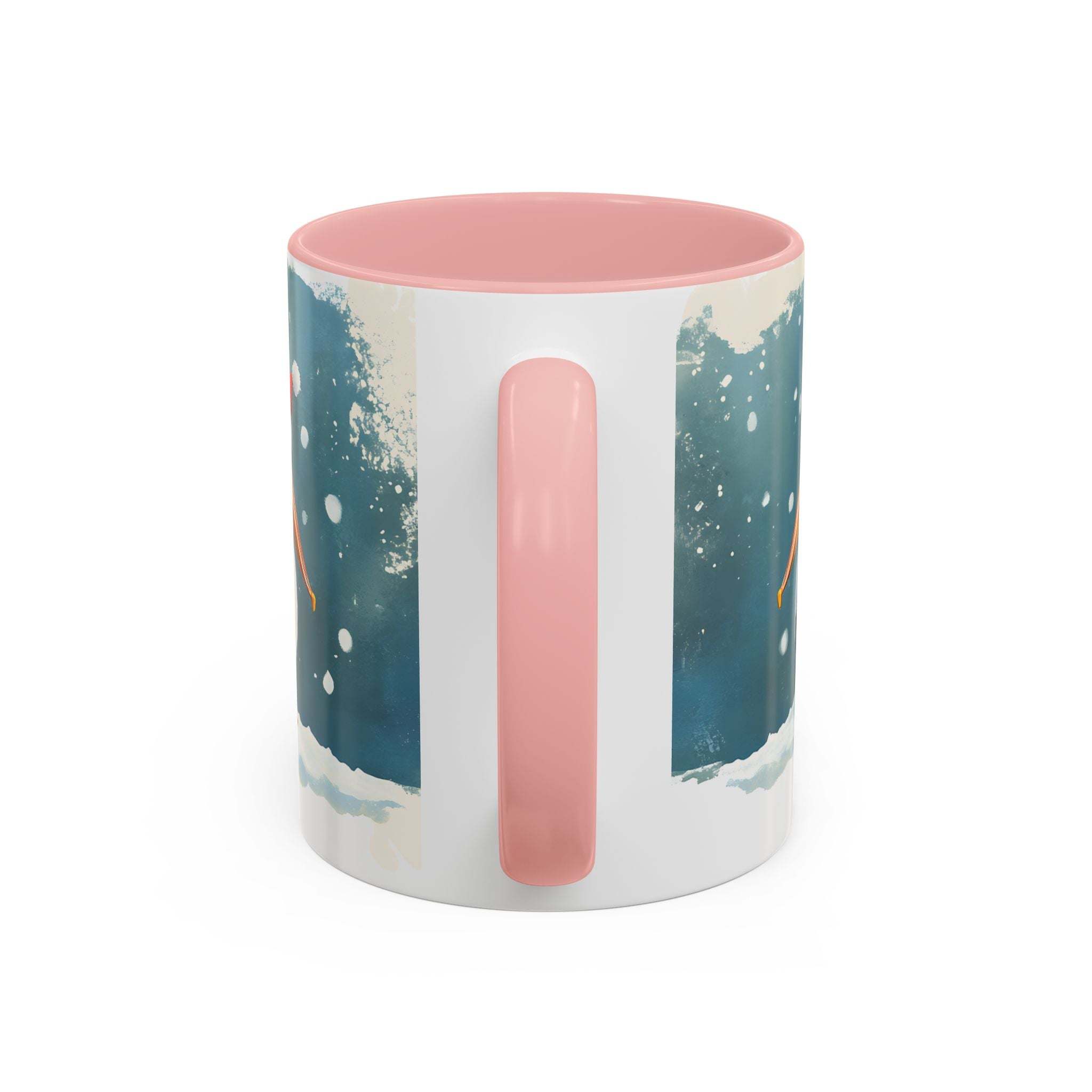 Mug with pink handle and inside, featuring a design of a person in a swimsuit on a blue background.