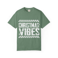 Distressed Christmas Vibes garment-dyed T-shirt with vintage holiday graphics and soft faded colors