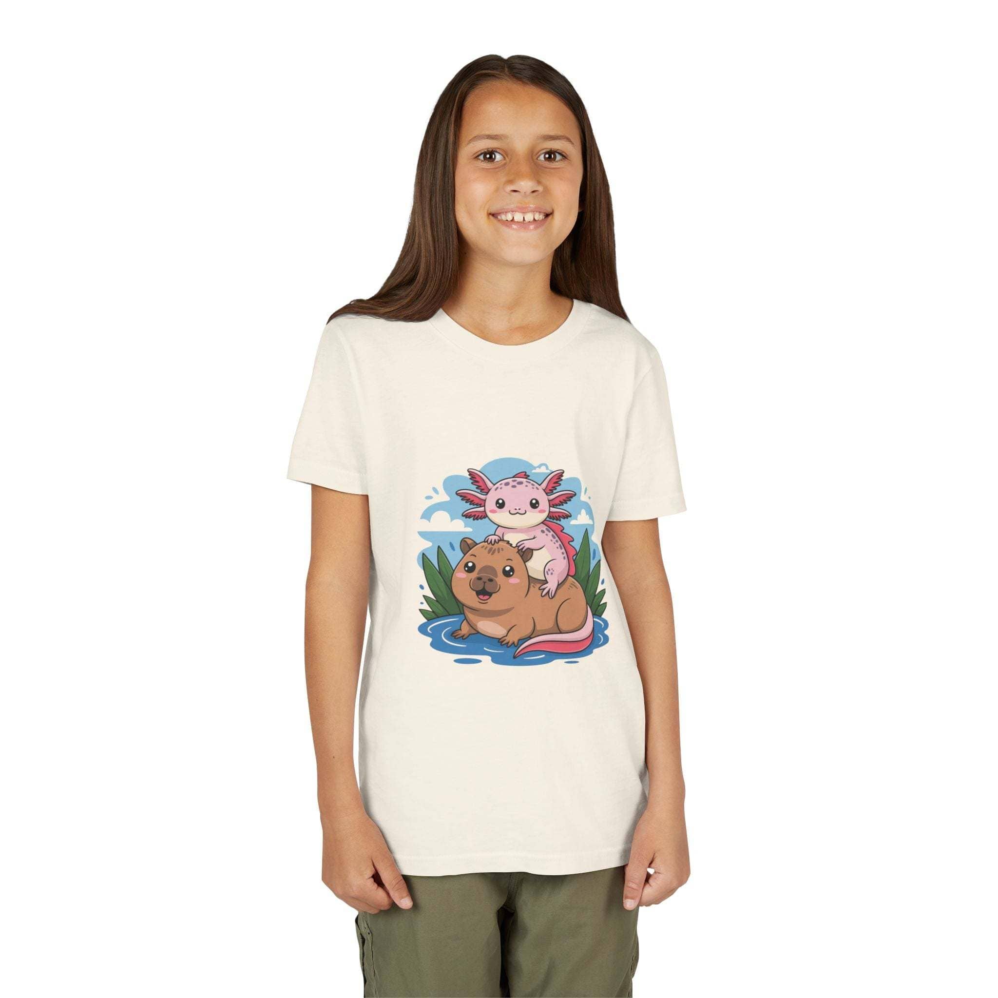 Youth tee with axolotl on capybara design, soft breathable cotton, relaxed fit for kids