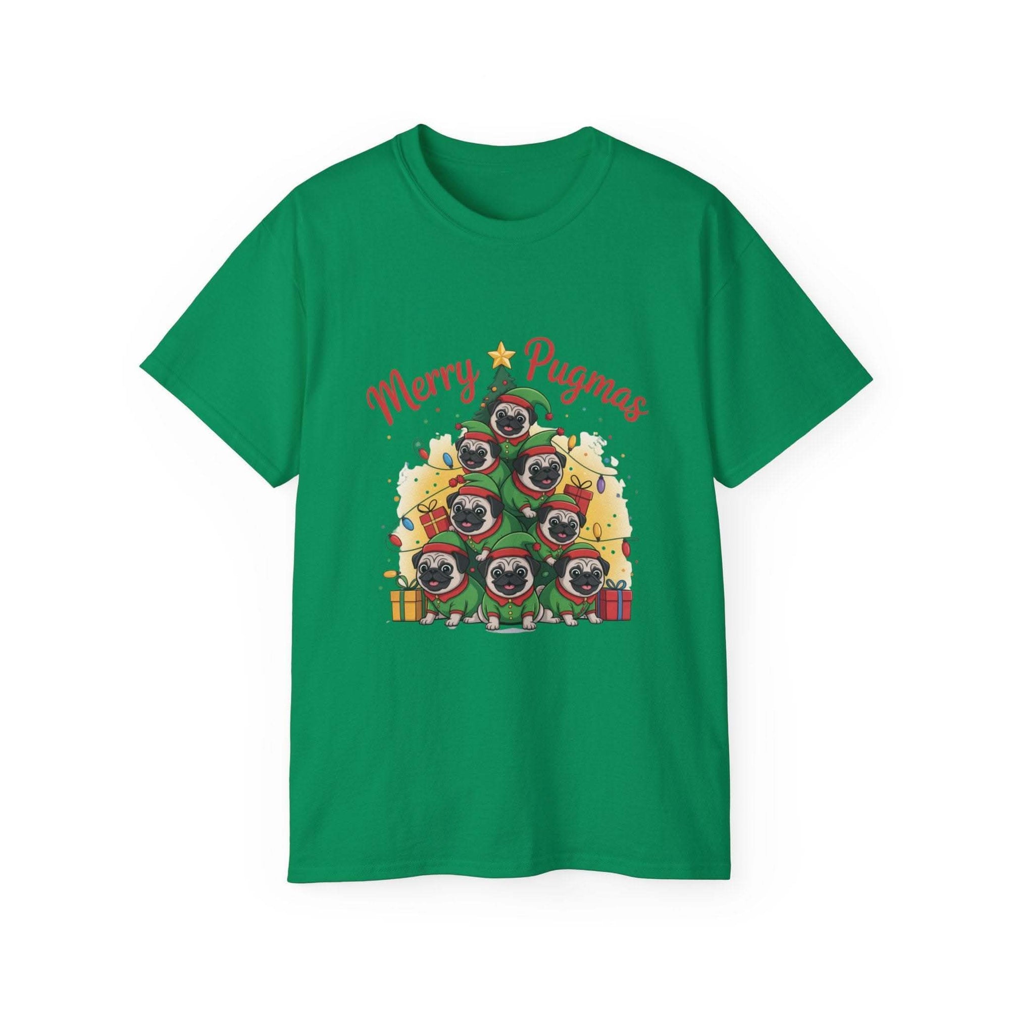 Black Merry Pugmas holiday t-shirt from Printify, featuring festive pug design for dog lovers.