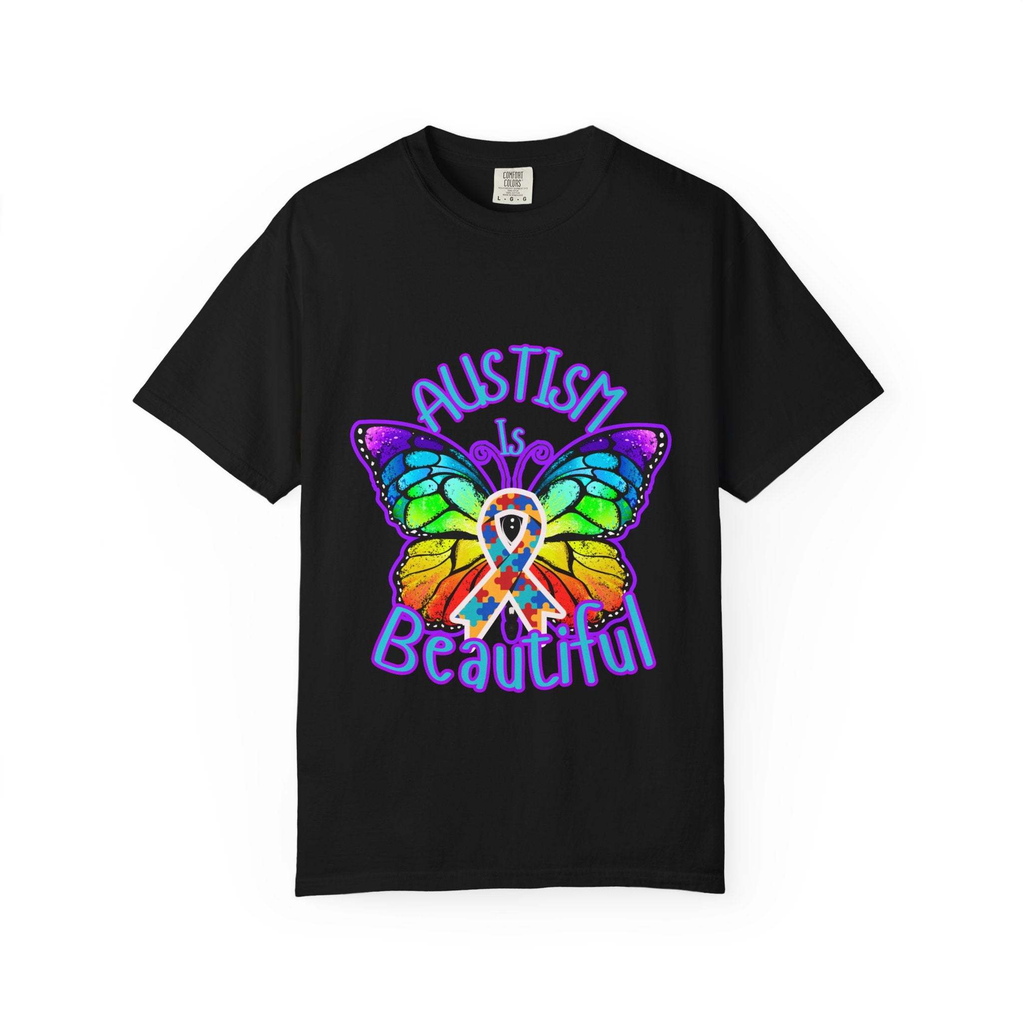 Black Autism is Beautiful T-shirt with colorful butterfly and autism awareness ribbon design