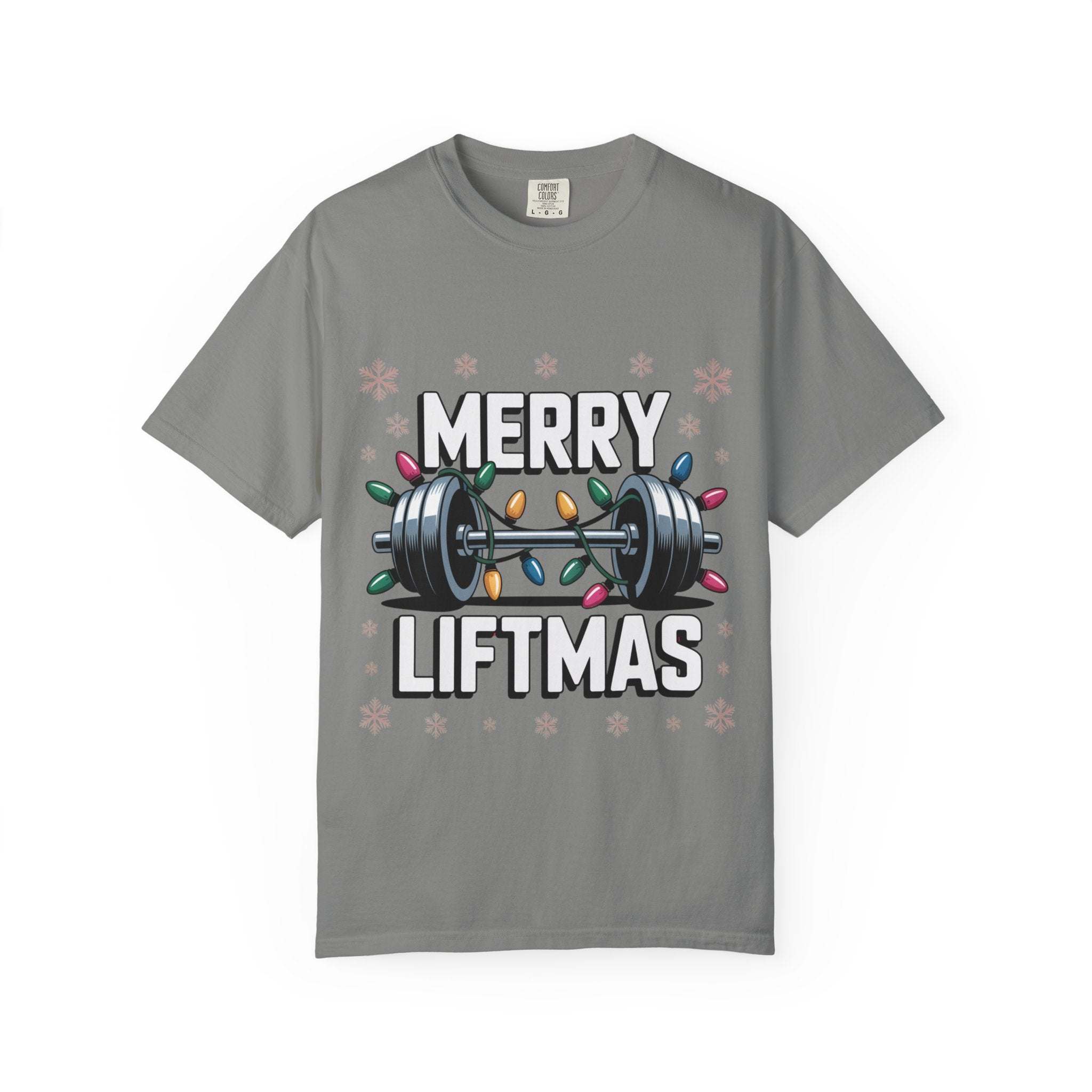 Christmas Workout T-shirt with Merry Liftmas barbell and holiday lights design on gray cotton fabric